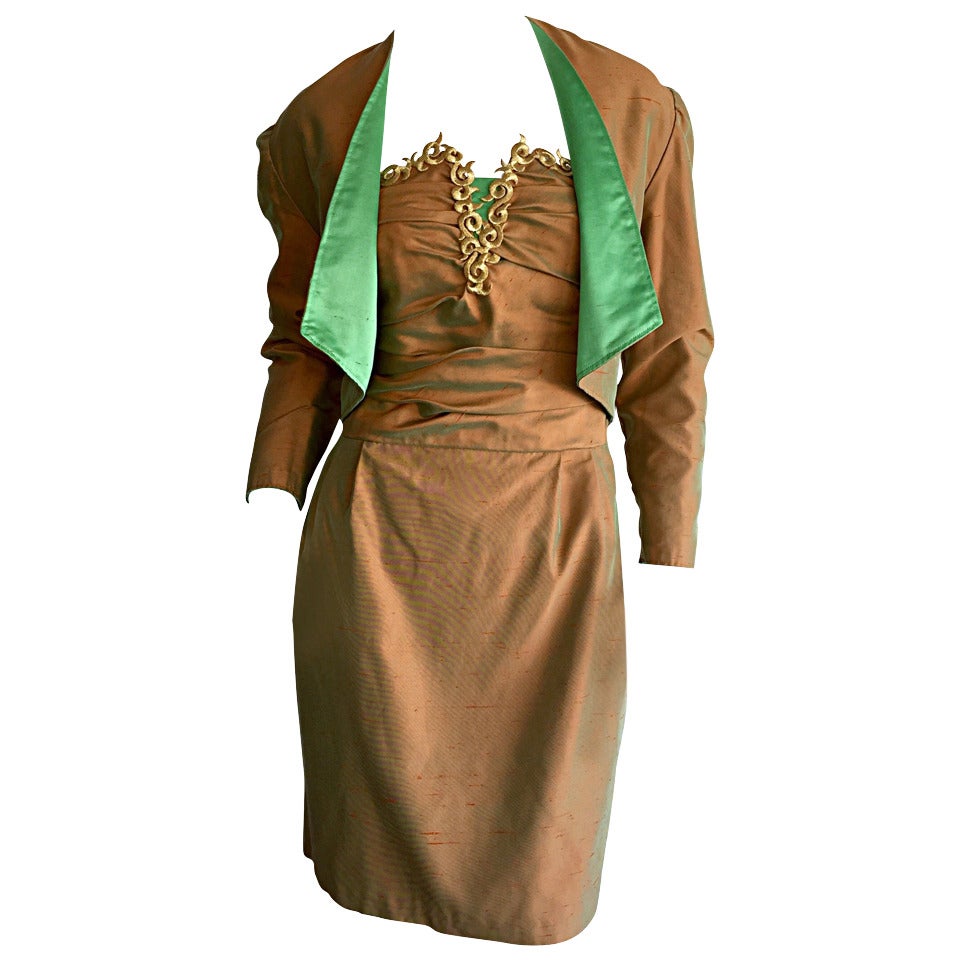 Vintage 1980s Iridescent Silk Couture Strapless Dress + Bolero For Sale