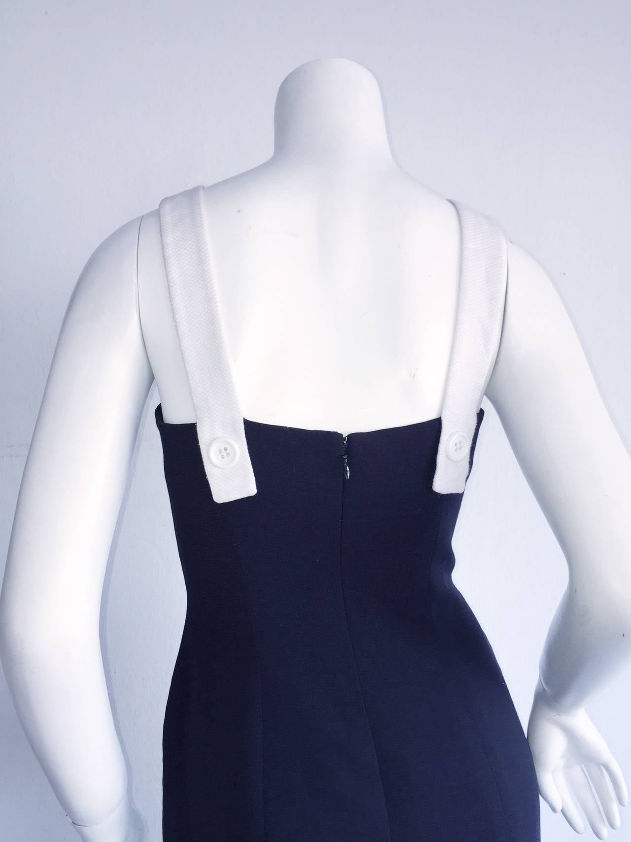 1990s Vintage Oscar de la Renta Navy Blue + White Nautical Bow Dress 1