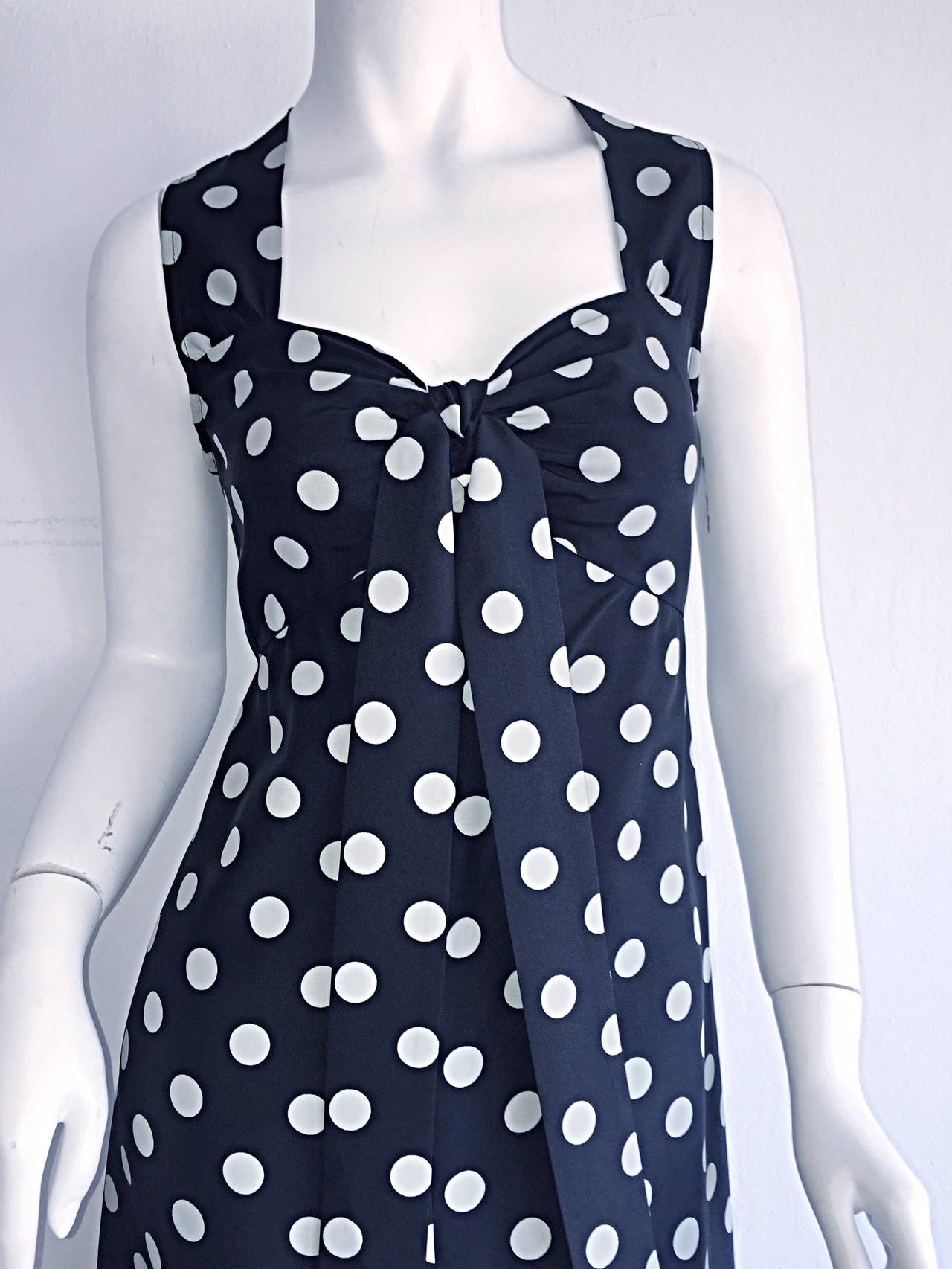 Black 1980s Saint Laurent Rive Gauche  Navy Blue & White Polka Dot Babydoll Bow Dress