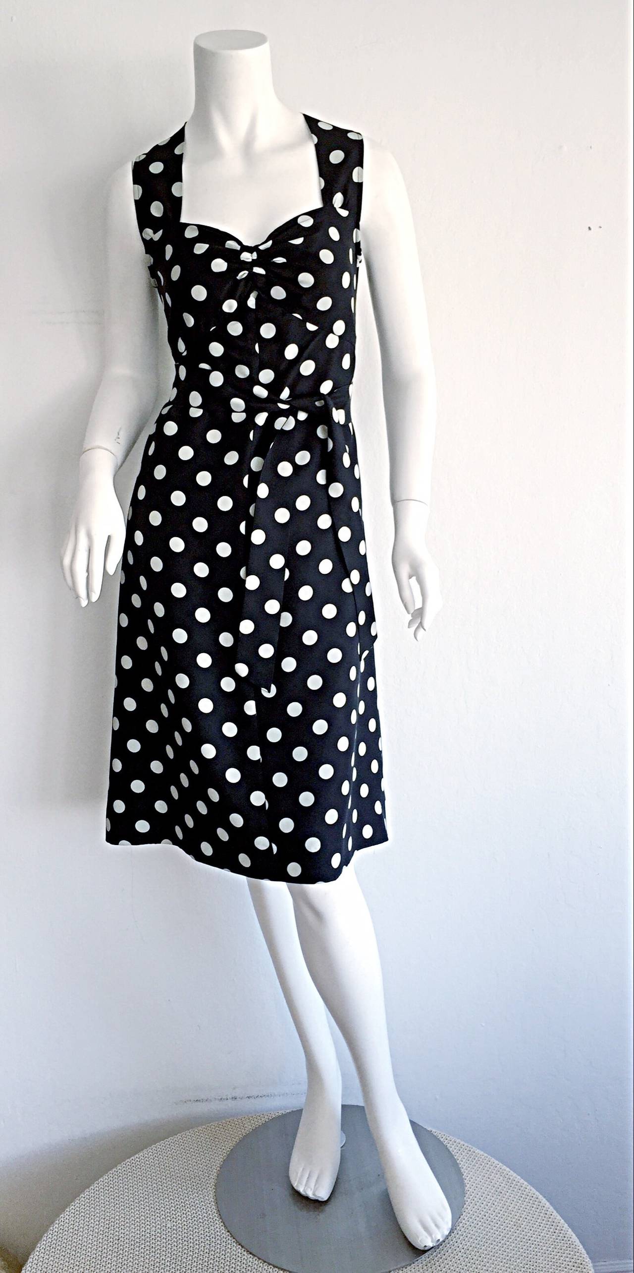 Women's 1980s Saint Laurent Rive Gauche  Navy Blue & White Polka Dot Babydoll Bow Dress