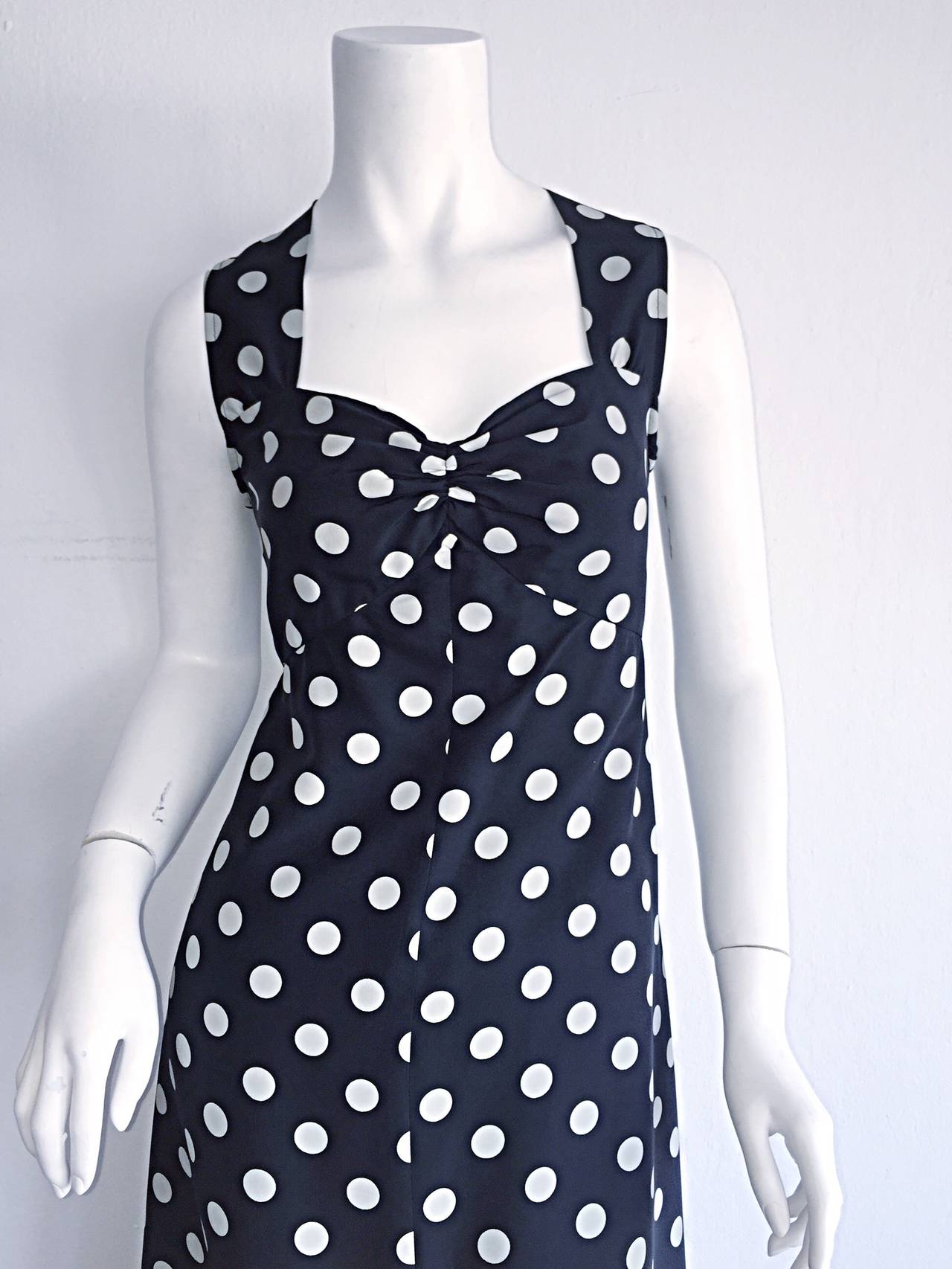 1980s Saint Laurent Rive Gauche  Navy Blue & White Polka Dot Babydoll Bow Dress 2