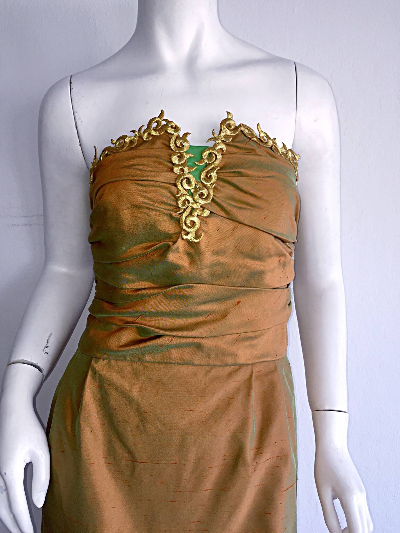 Vintage 1980s Iridescent Silk Couture Strapless Dress + Bolero In Excellent Condition For Sale In San Diego, CA