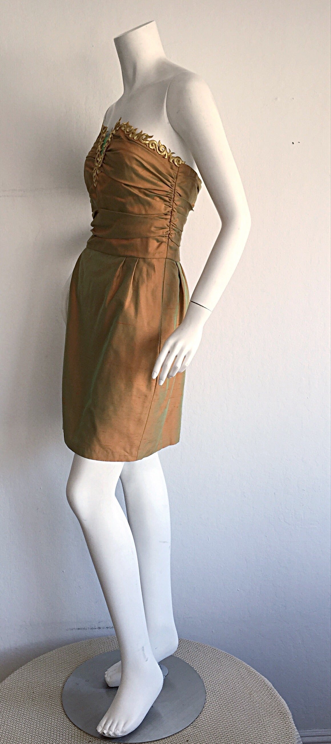 Vintage 1980s Iridescent Silk Couture Strapless Dress + Bolero For Sale 2