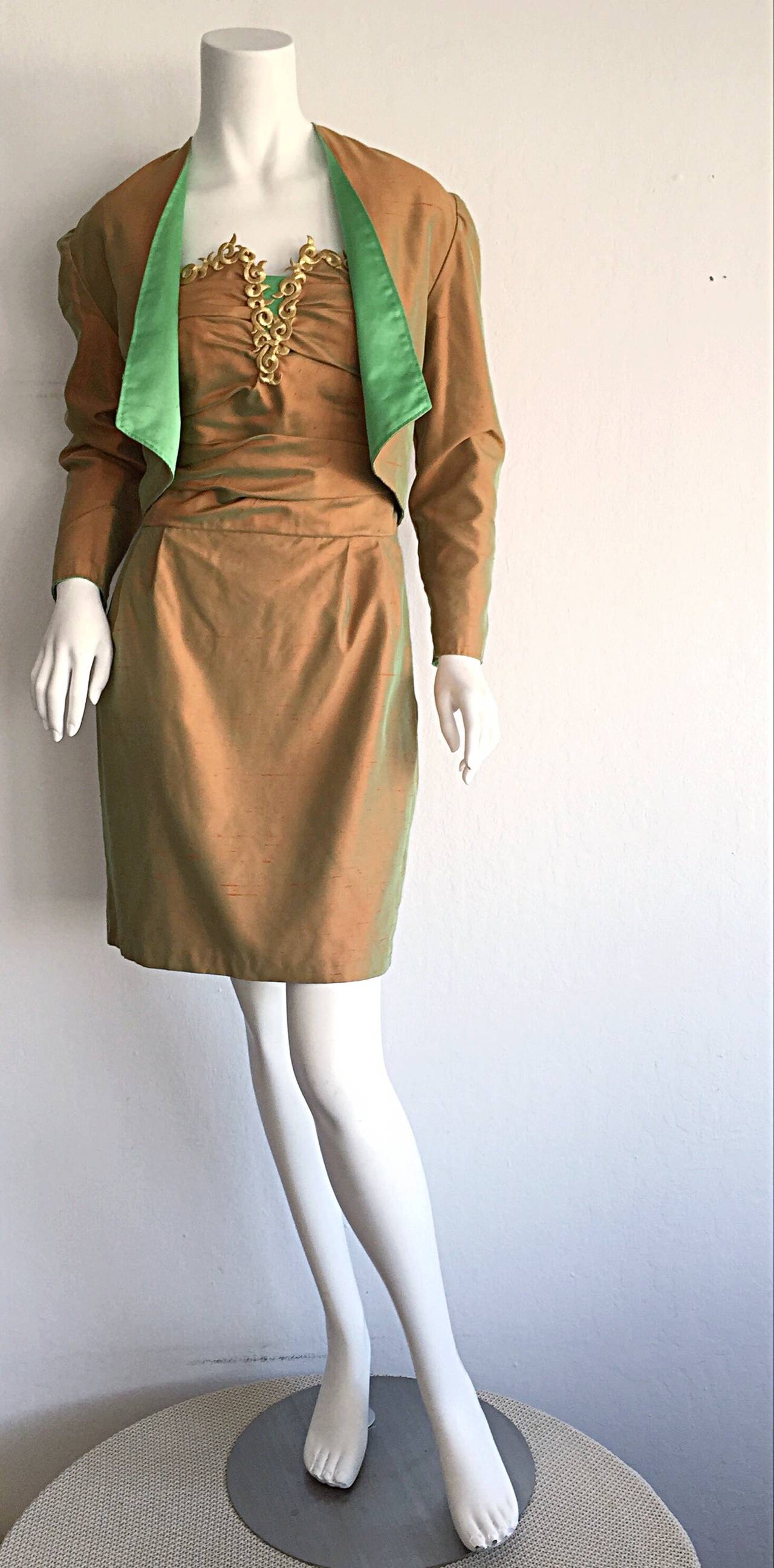 Vintage 1980s Iridescent Silk Couture Strapless Dress + Bolero For Sale 3