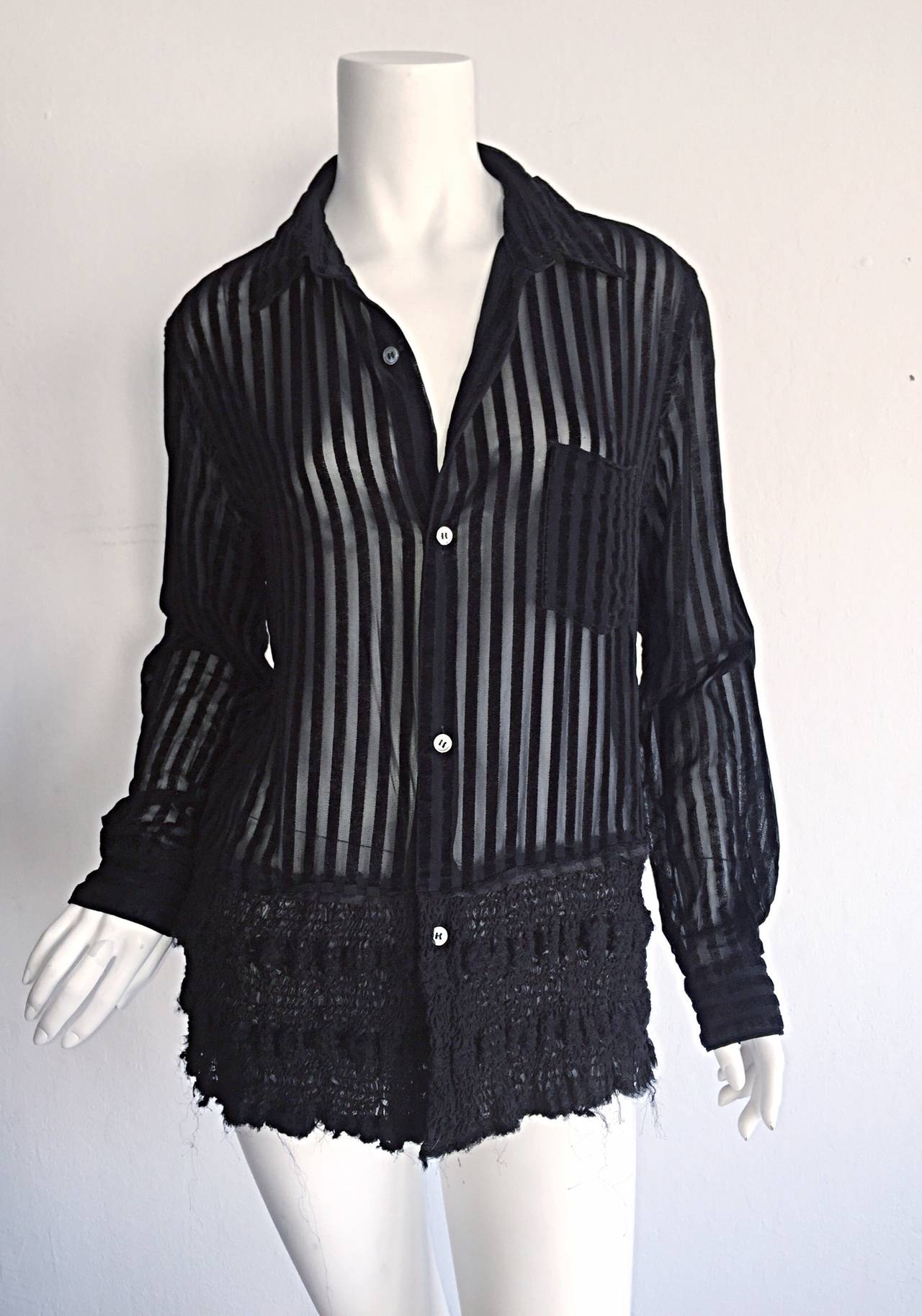 Rare 1990s vintage Comme des Garçons black and sheer striped top! Features vertical silk bodice and back, with signature sheared sweater hem on front. Front breast pocket. Buttons at each cuff. Easy to dress up or down. In great condition. Marked
