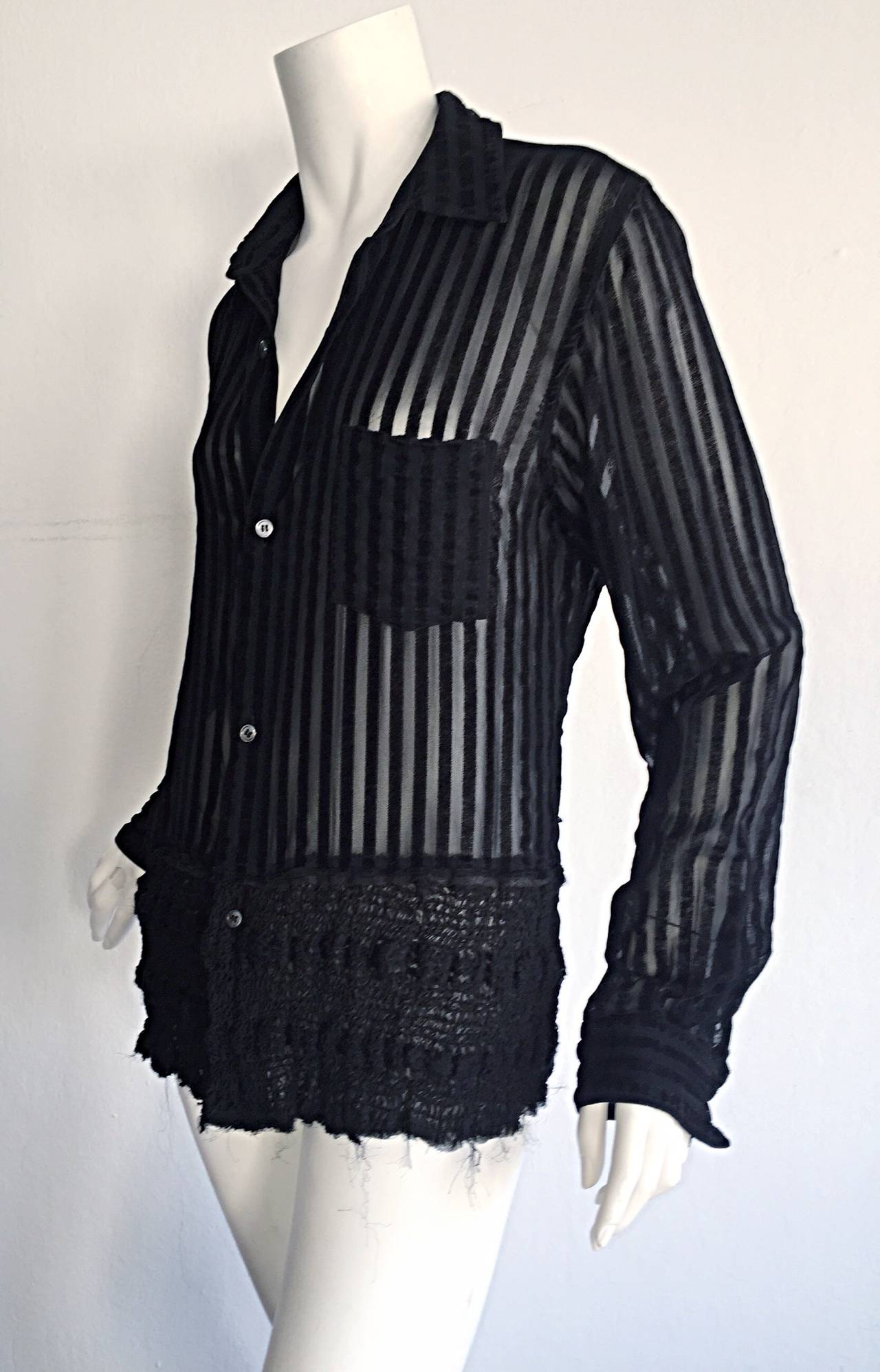 1990s Vintage Comme des Garçons Black Sheer Striped Sheared 90s Shirt In Excellent Condition For Sale In San Diego, CA