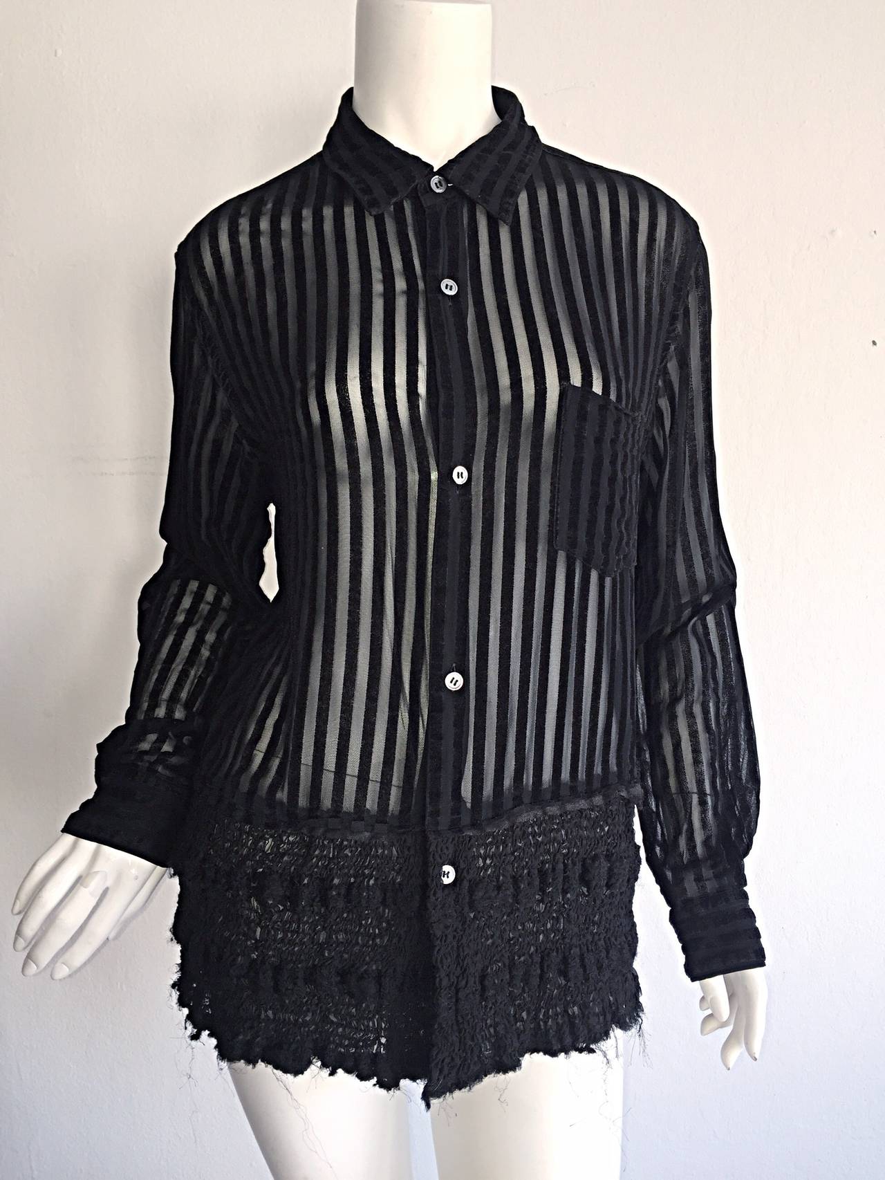 Women's 1990s Vintage Comme des Garçons Black Sheer Striped Sheared 90s Shirt For Sale