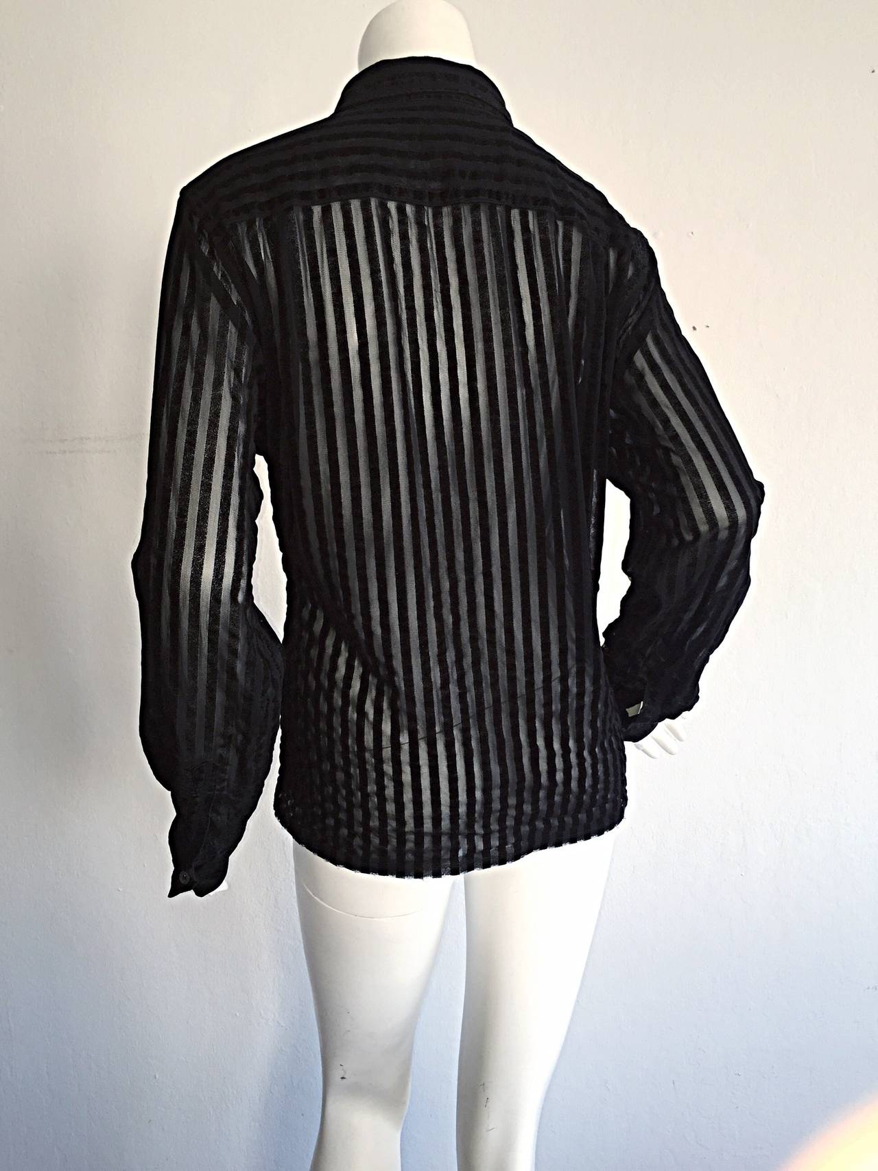 1990s Vintage Comme des Garçons Black Sheer Striped Sheared 90s Shirt 1