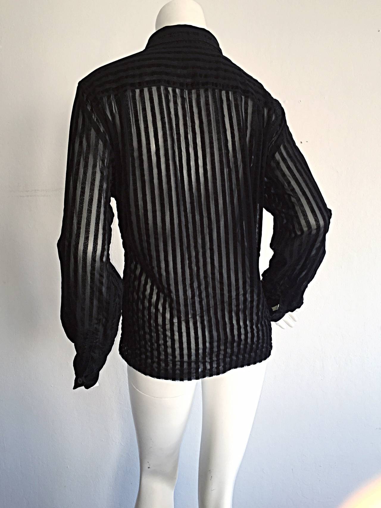 1990s Vintage Comme des Garçons Black Sheer Striped Sheared 90s Shirt For Sale 1