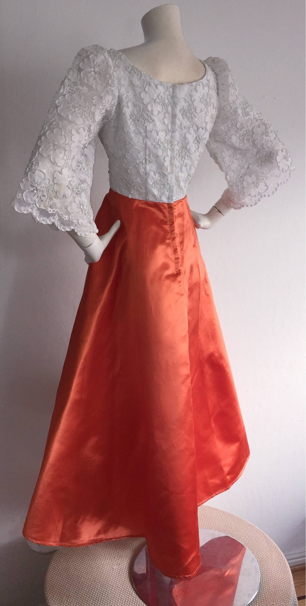 Gorgeous 1960s Orange Satin + White Lace Bell Sleeve Embellished Custom Dress 3