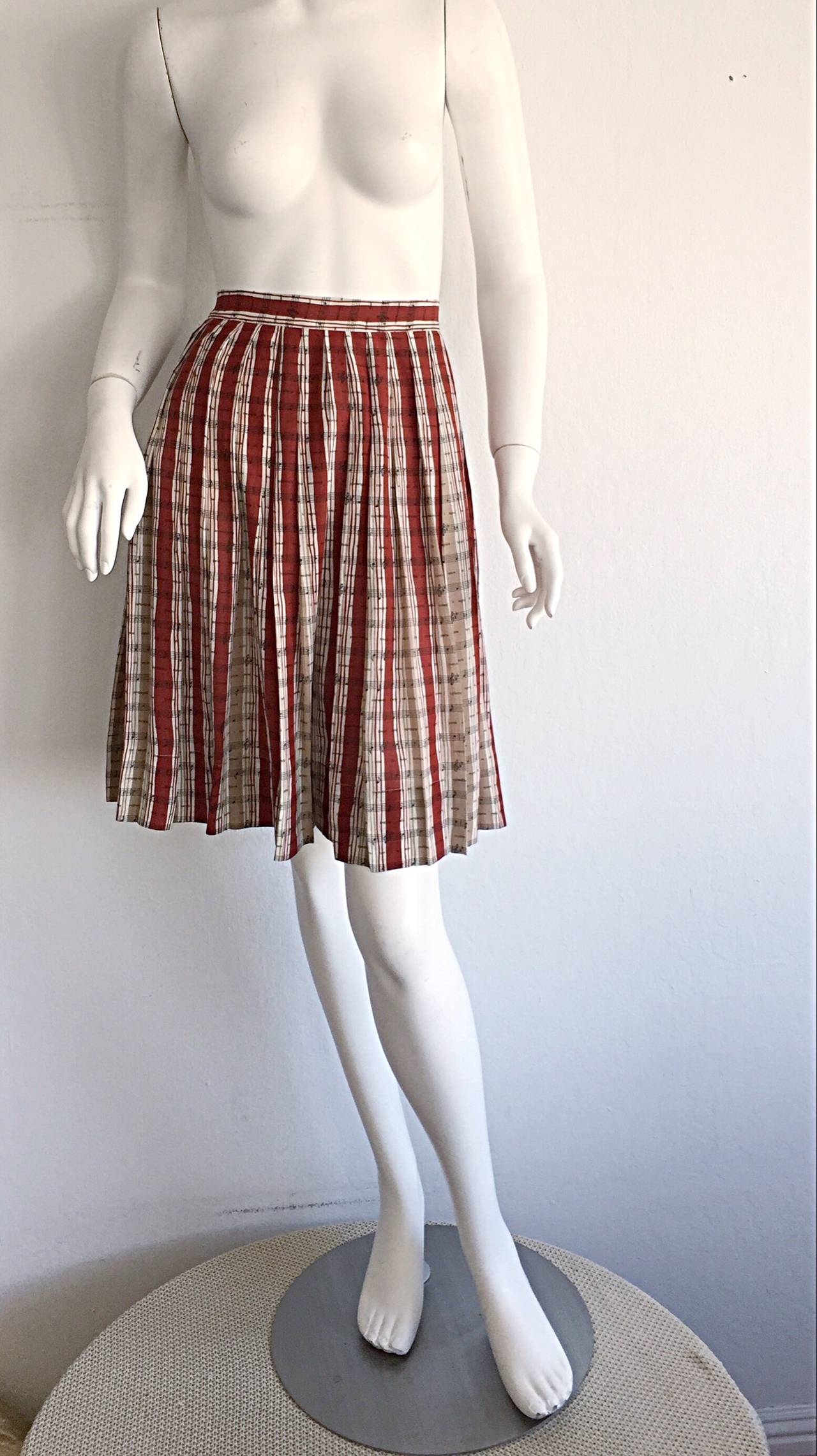 Bottega Veneta ' Music Notes ' Printed Cotton Pleated Novelty Skirt w/ Pockets