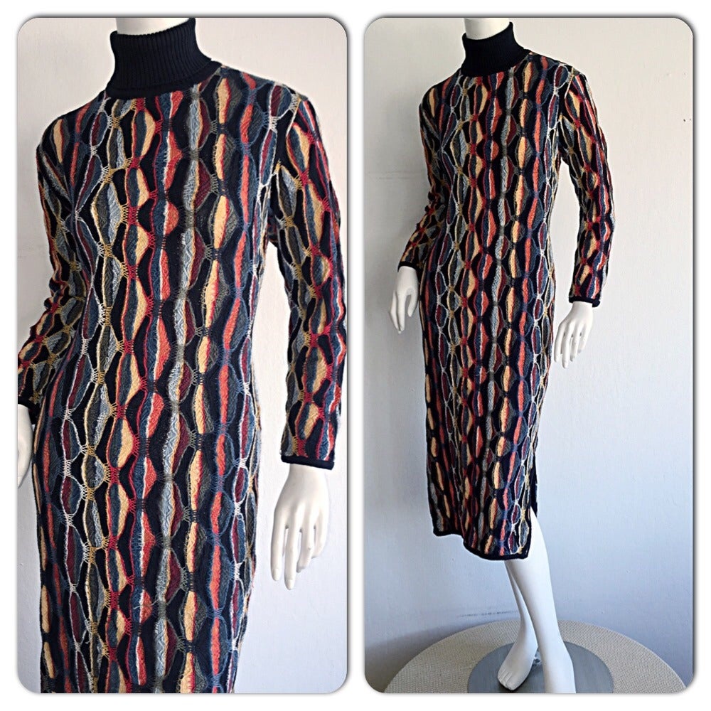 Beautiful and rare! Vintage Coogi dress features a beautiful array of colors, in a mosaic-like print. Sleek turtleneck style, with slits at both sides of skirt hem. Perfect from day to night. Amazing fit, that stretches to fit the body....extremely