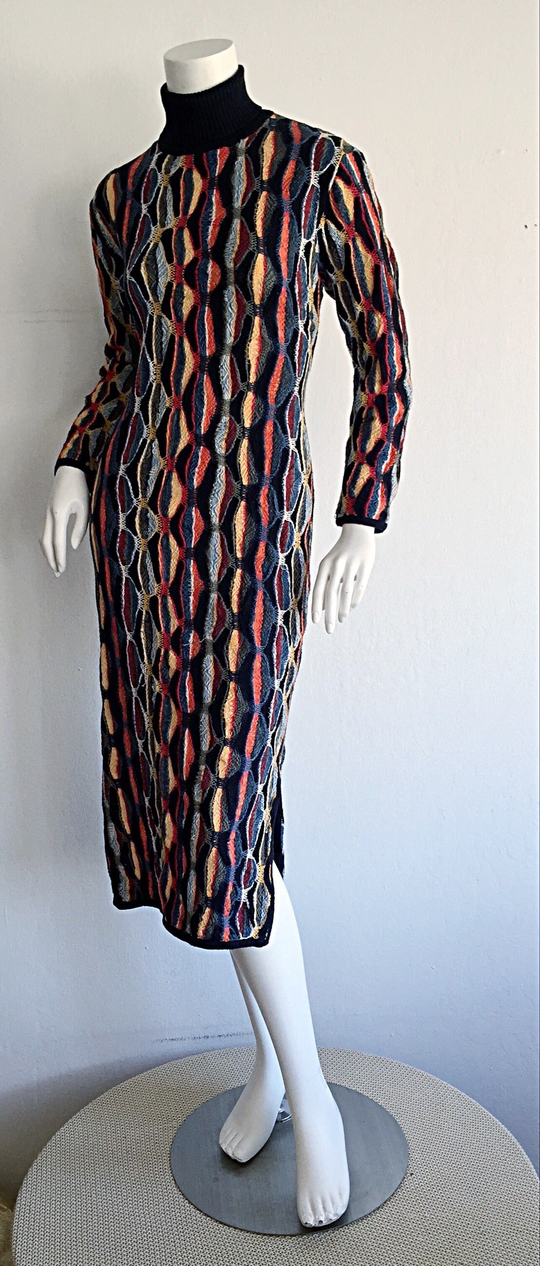 Rare Vintage Coogi Multi - Colored Mosaic Long Sleeve Fitted Sweater Dress In Excellent Condition In San Diego, CA