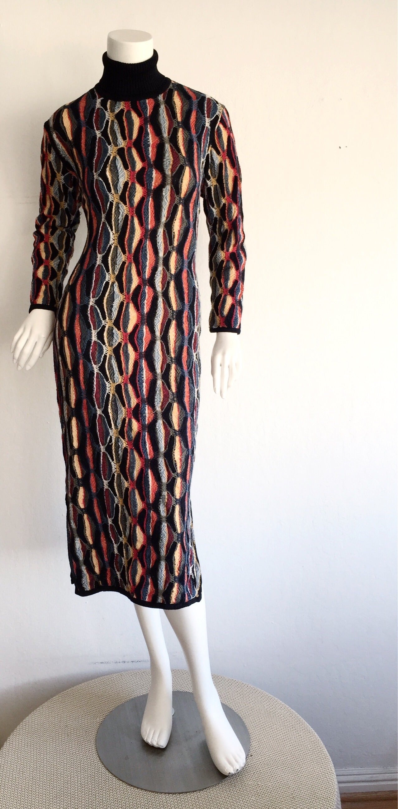 Rare Vintage Coogi Multi - Colored Mosaic Long Sleeve Fitted Sweater Dress 2