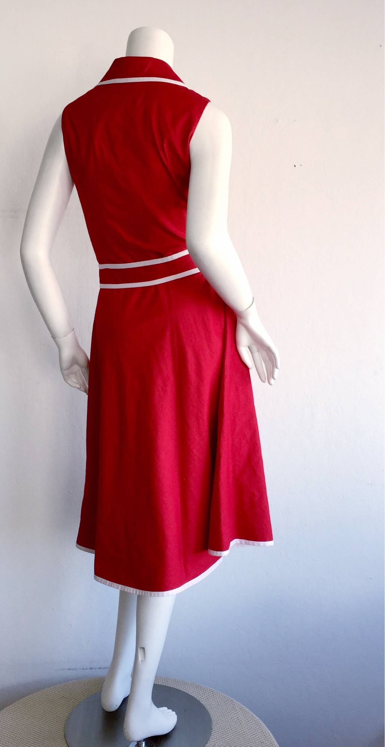 Women's Sweet 90s Vintage Neiman Marcus Red 50s Rockabilly Inspired Nautical Shirt Dress
