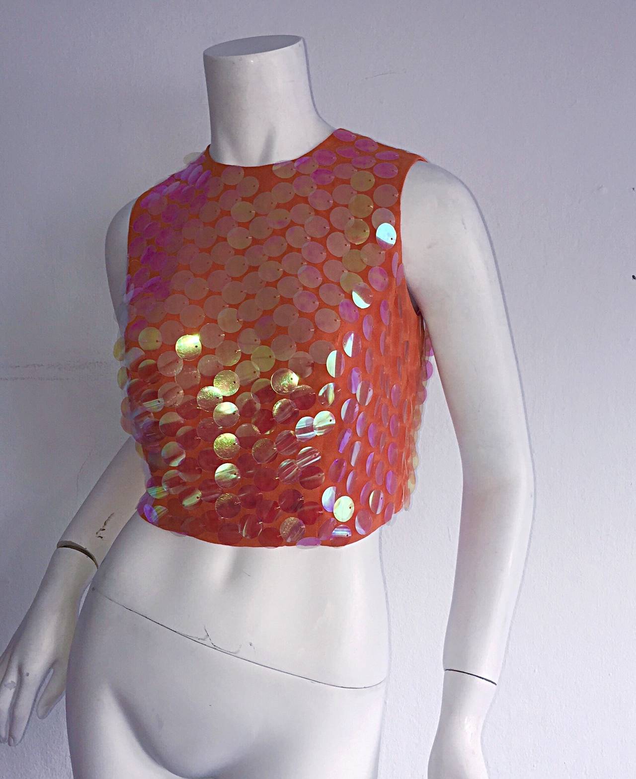 James Purcell Brand New Runway Sample Vintage 1990s Orange Paillettes Crop Top In New Condition In San Diego, CA