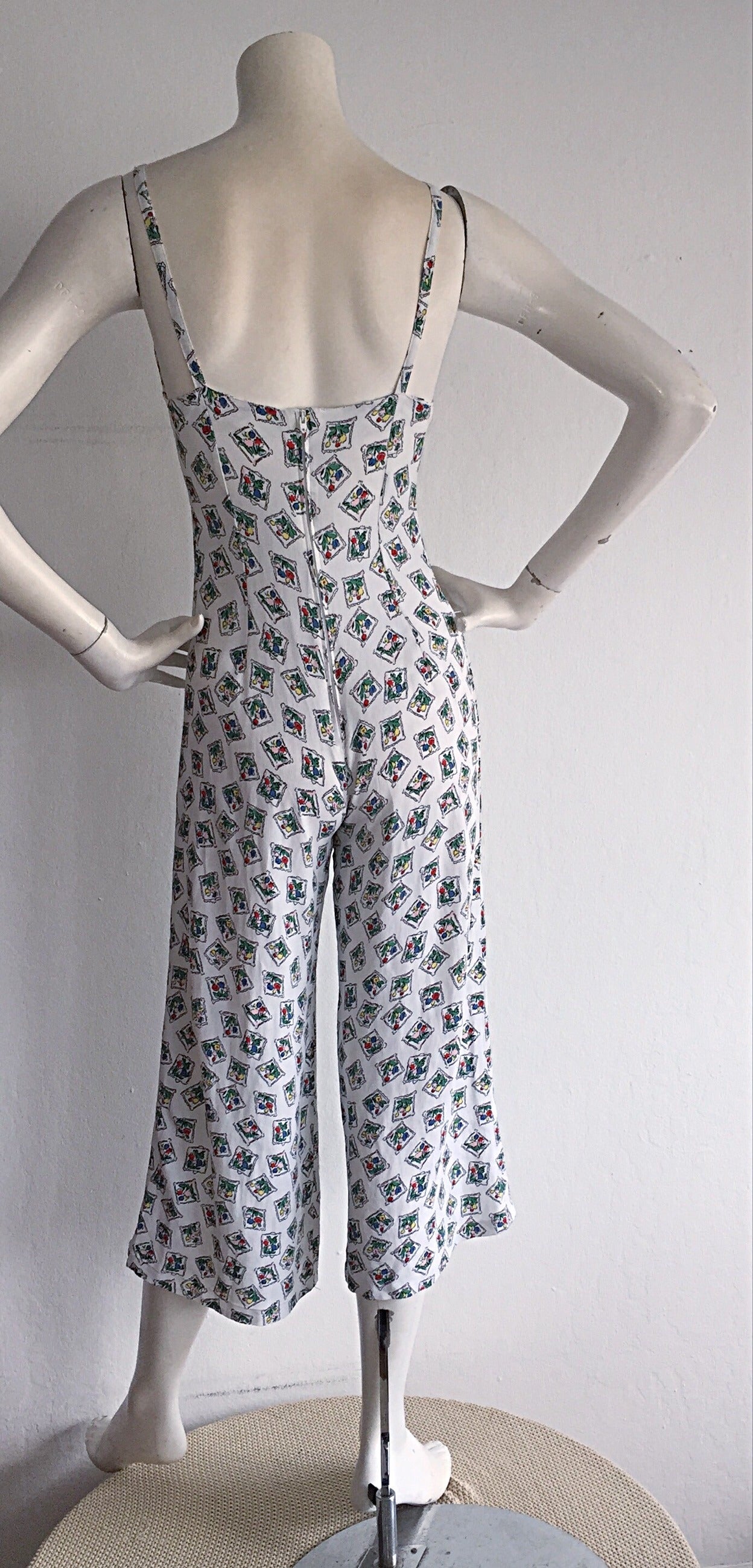 Women's 1990s 90s Vintage Betsey Johnson Floral Silk Culottes Romper Jumpsuit / Playsuit