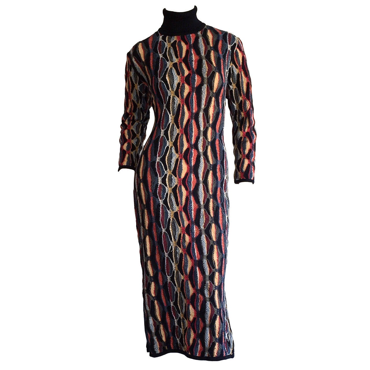 Rare Vintage Coogi Multi - Colored Mosaic Long Sleeve Fitted Sweater Dress