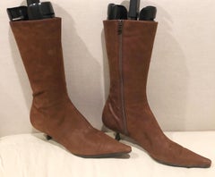 Prada Size 38.5 8.5 Brown Leather Mid Calf Kitten Heel Boots Booties 2000s
