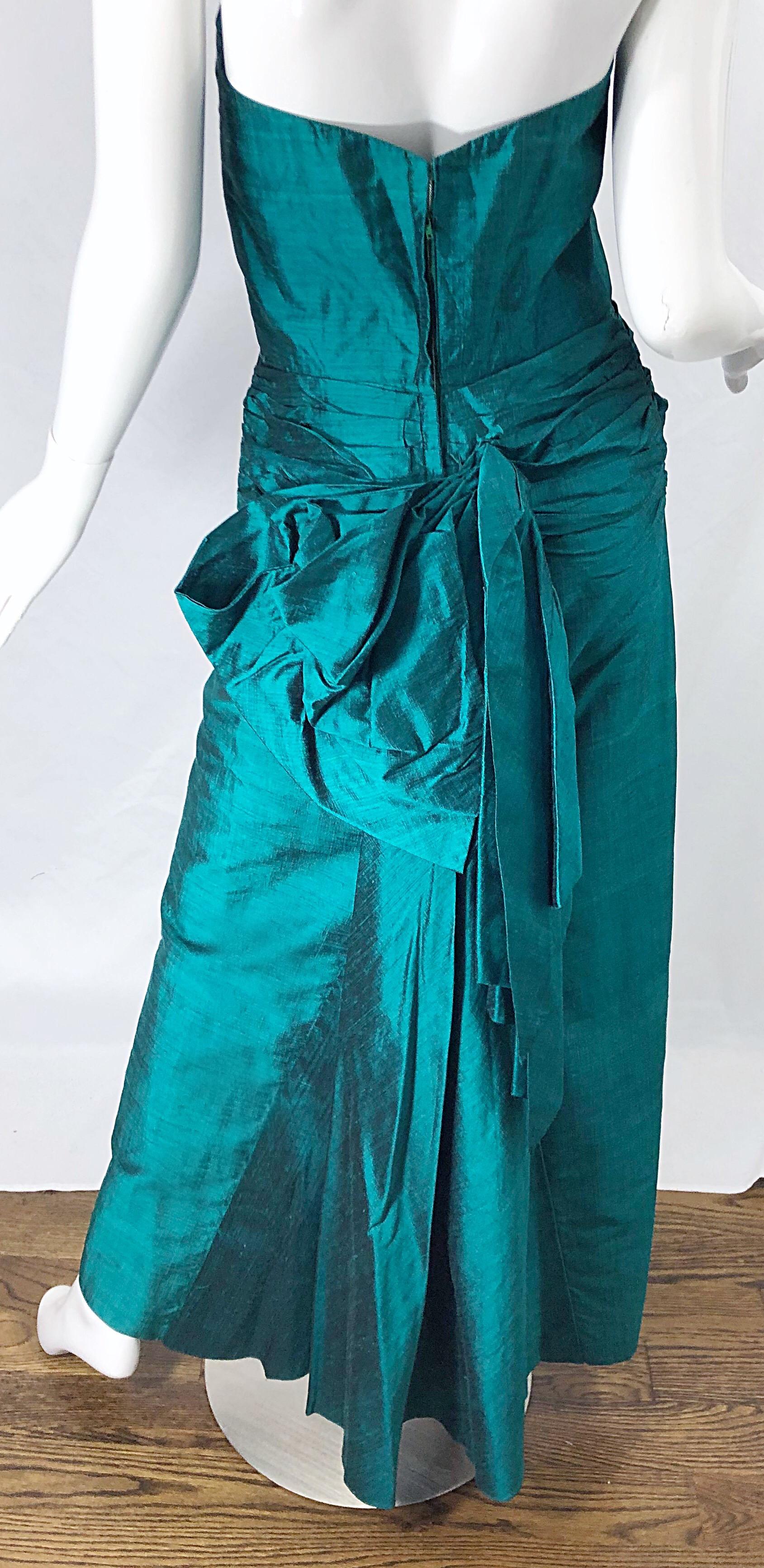 Women's 1950s Emerald Green Silk Shantung Strapless Vintage 50s Bombshell Gown Sz Medium For Sale