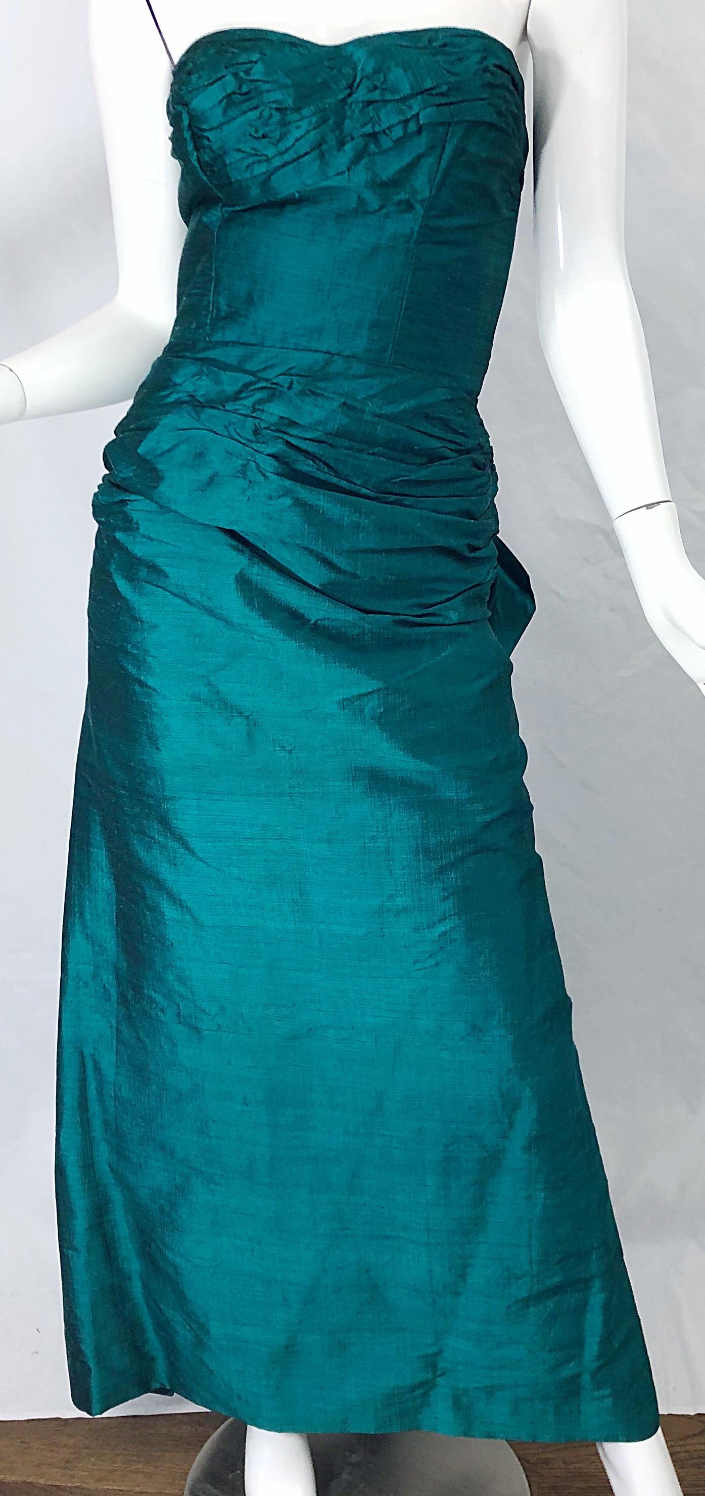 1950s Emerald Green Silk Shantung Strapless Vintage 50s Bombshell Gown Sz Medium For Sale 1