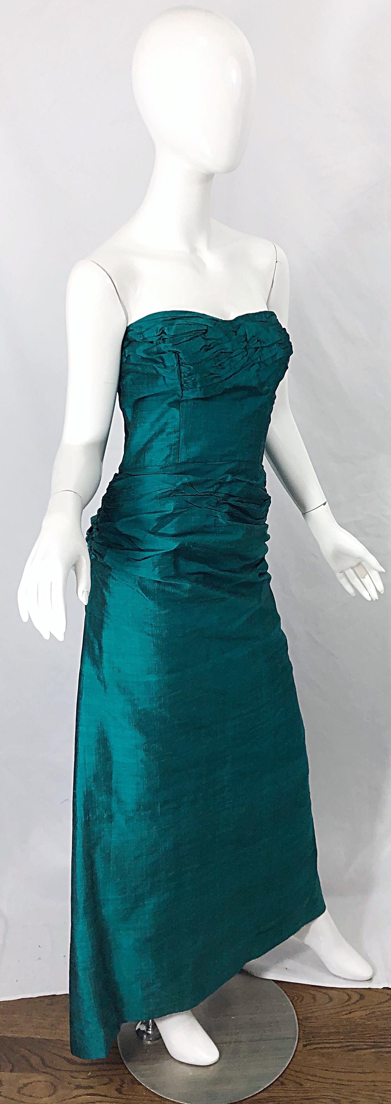 1950s Emerald Green Silk Shantung Strapless Vintage 50s Bombshell Gown Sz Medium For Sale 4