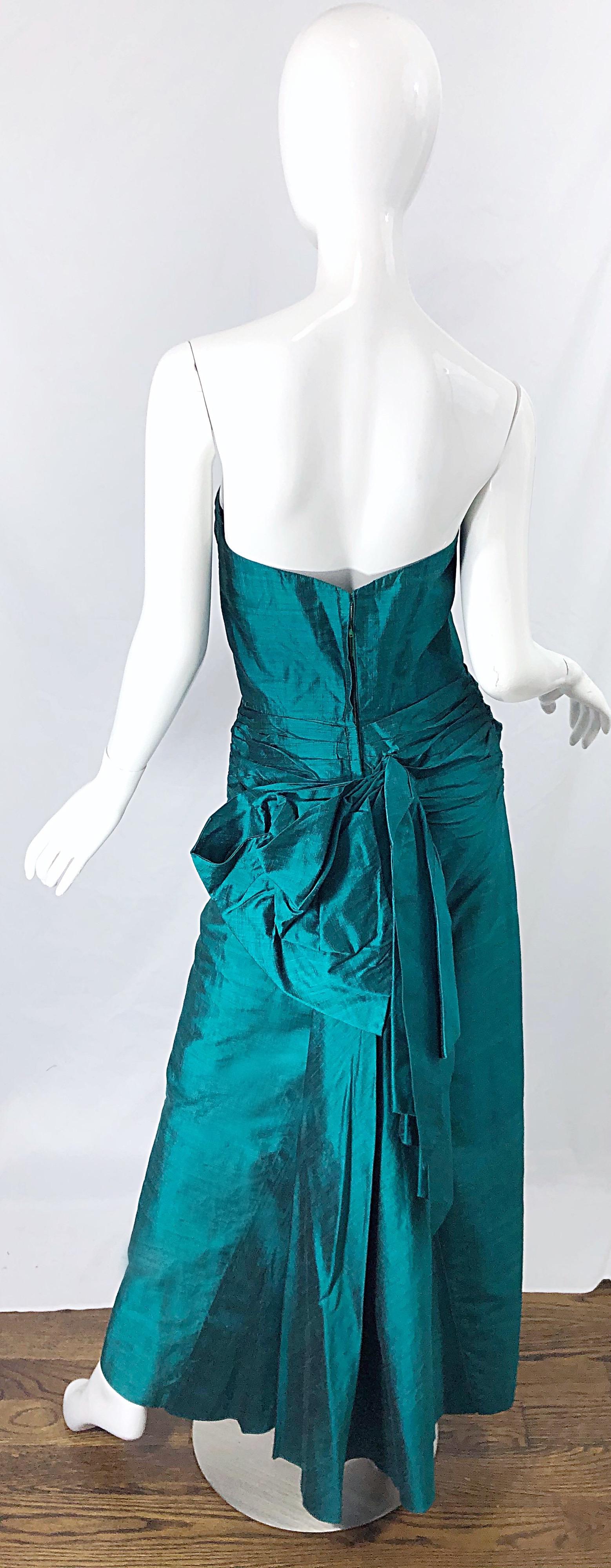 1950s Emerald Green Silk Shantung Strapless Vintage 50s Bombshell Gown Sz Medium For Sale 5