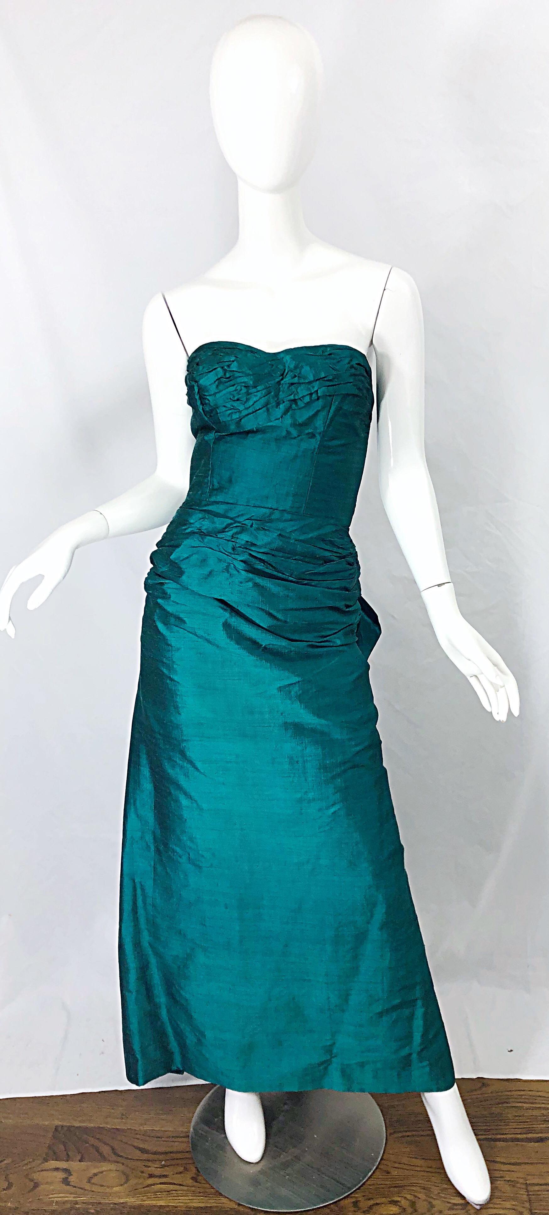 1950s Emerald Green Silk Shantung Strapless Vintage 50s Bombshell Gown Sz Medium 6