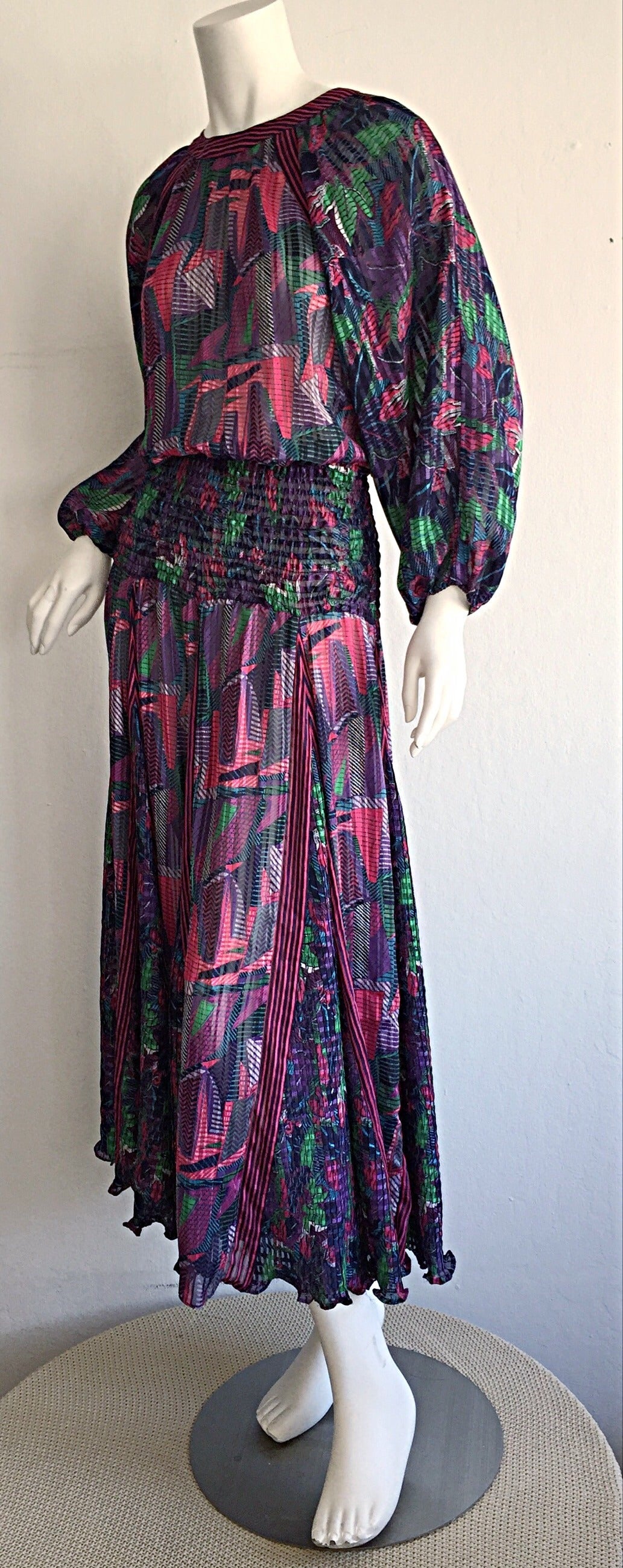Beautiful 1980s Colorful Abstract Pleated Bohemian Maxi Dress 2
