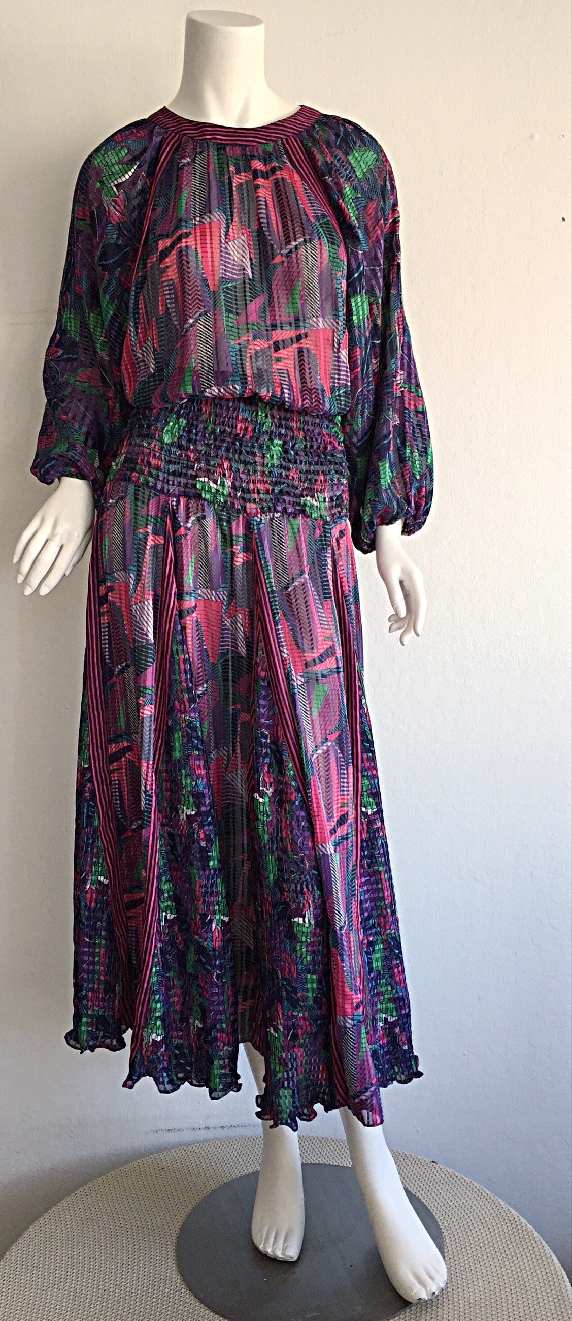 Beautiful 1980s Colorful Abstract Pleated Bohemian Maxi Dress 5