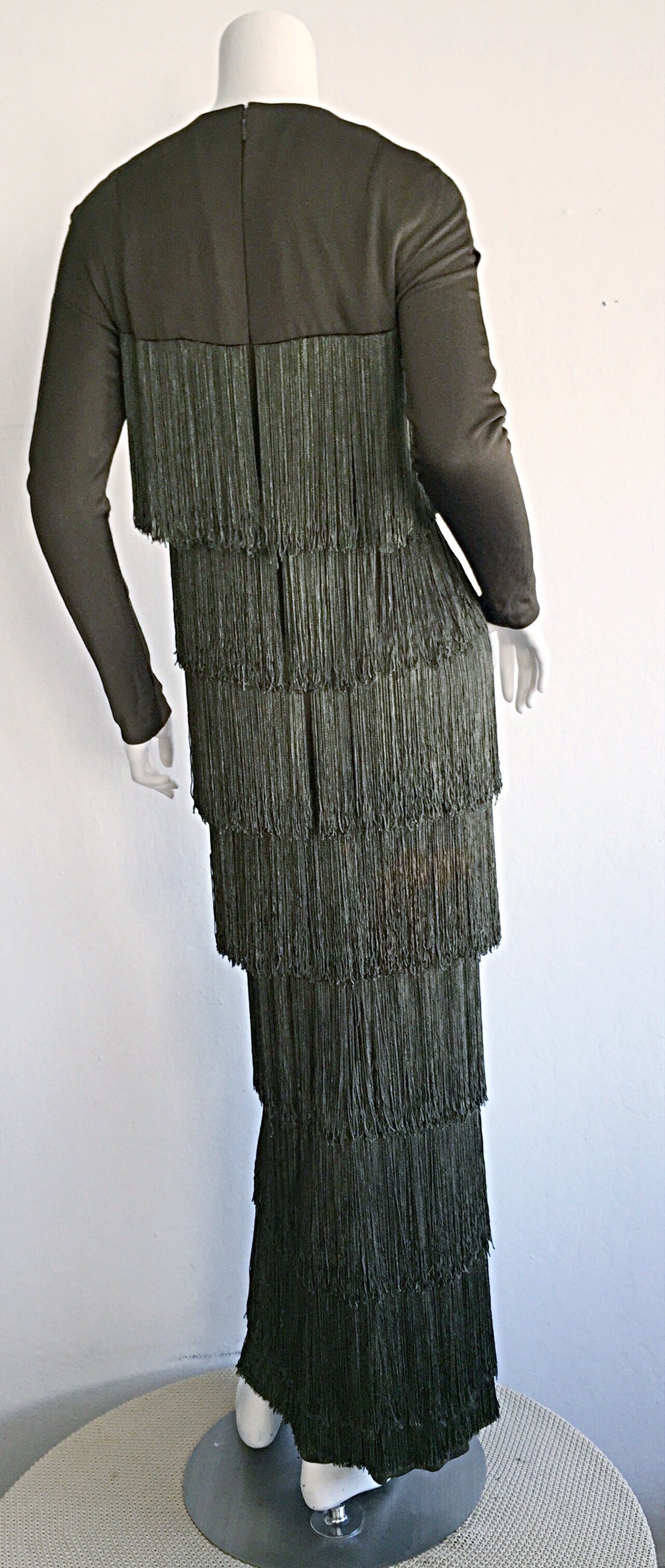 Black Stunning Vintage Bill Blass Green Fringe Flapper Column Gown