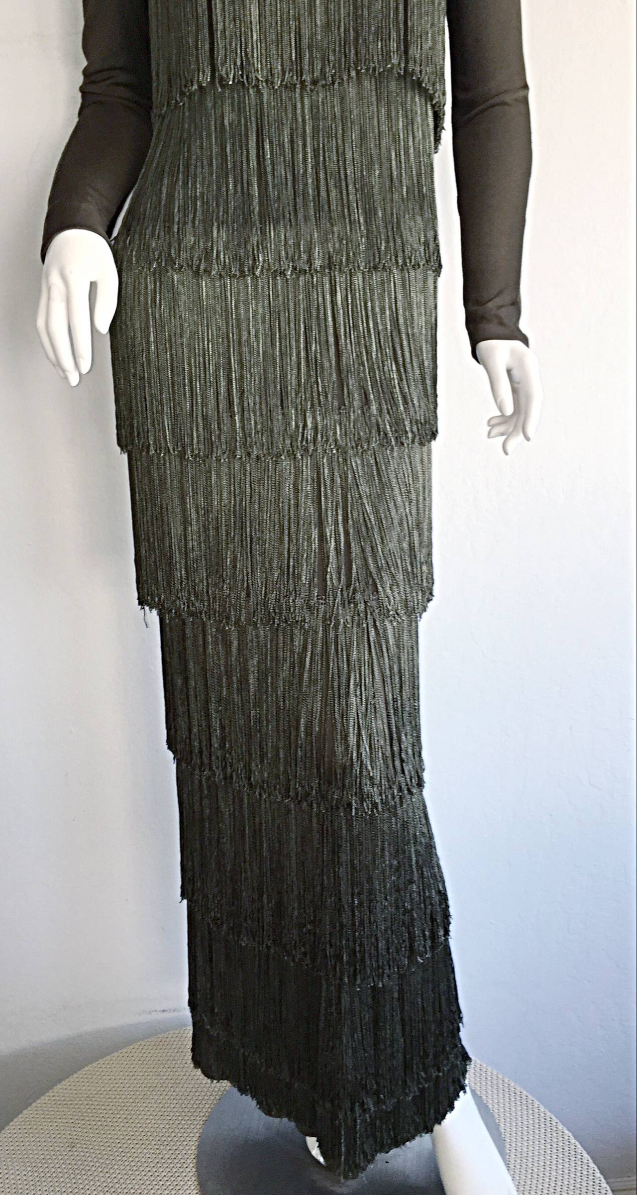 Women's Stunning Vintage Bill Blass Green Fringe Flapper Column Gown