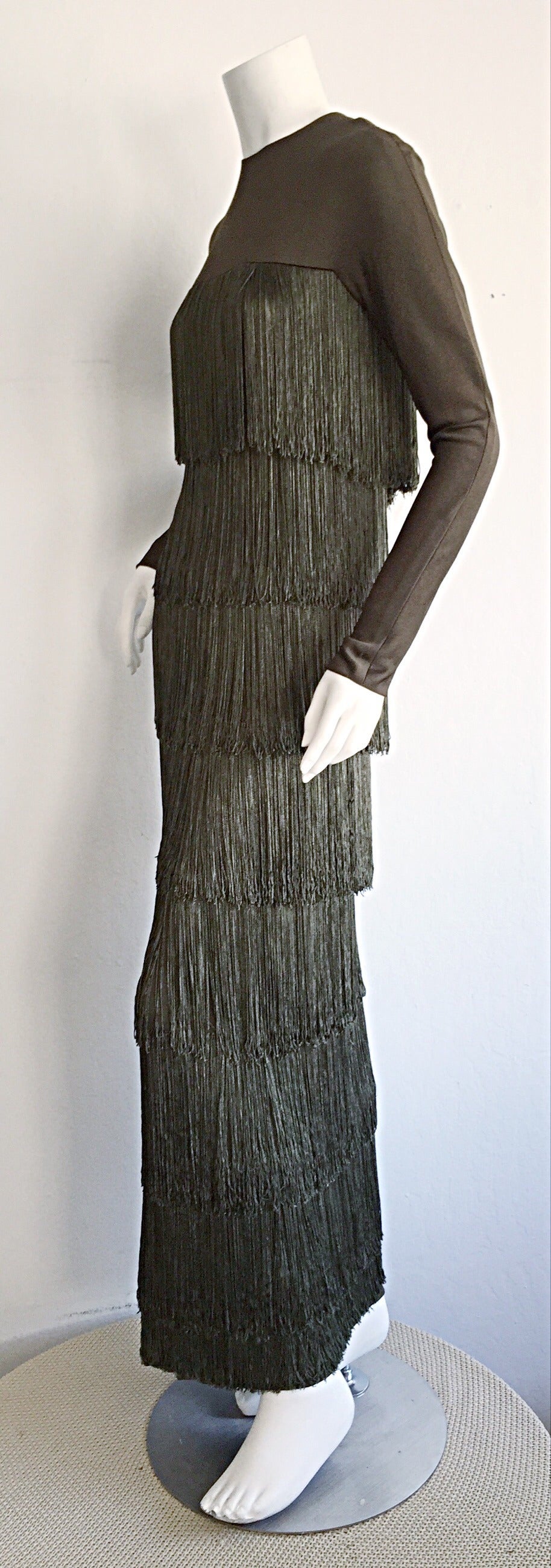 Stunning Vintage Bill Blass Green Fringe Flapper Column Gown 1