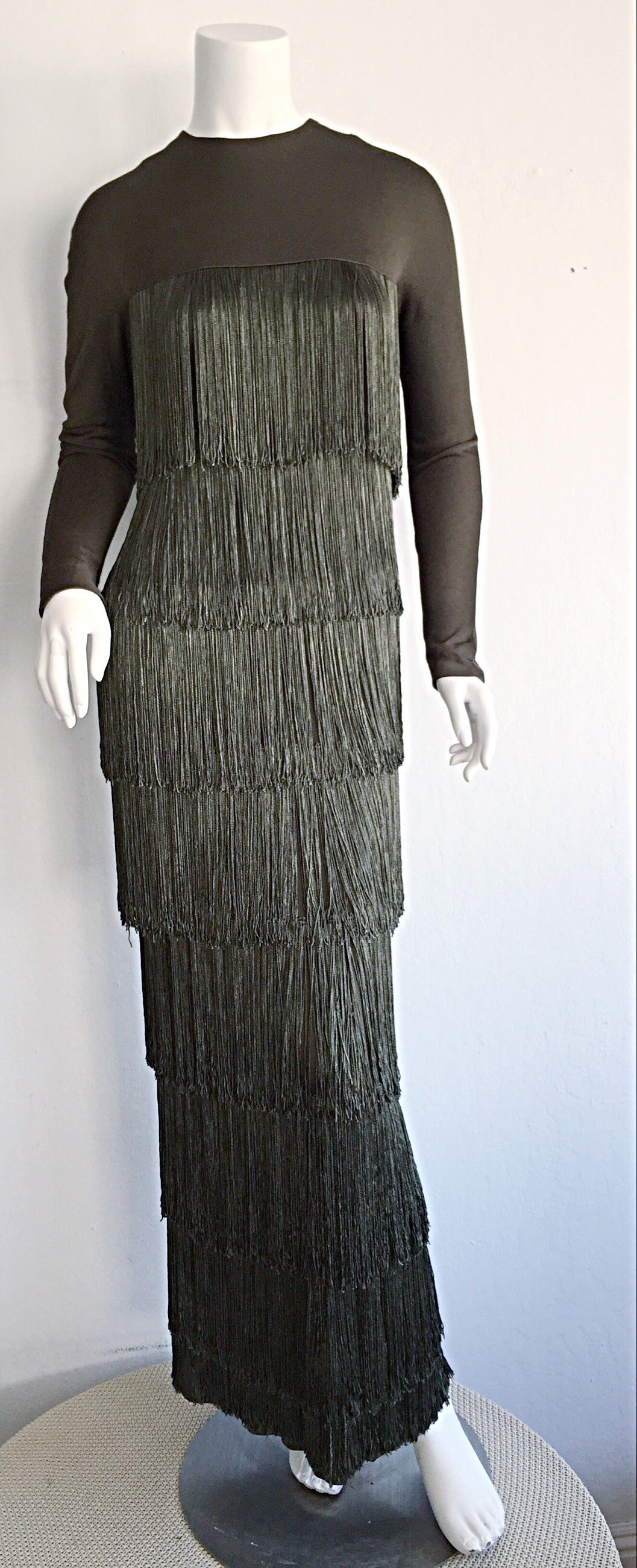 Stunning Vintage Bill Blass Green Fringe Flapper Column Gown 2