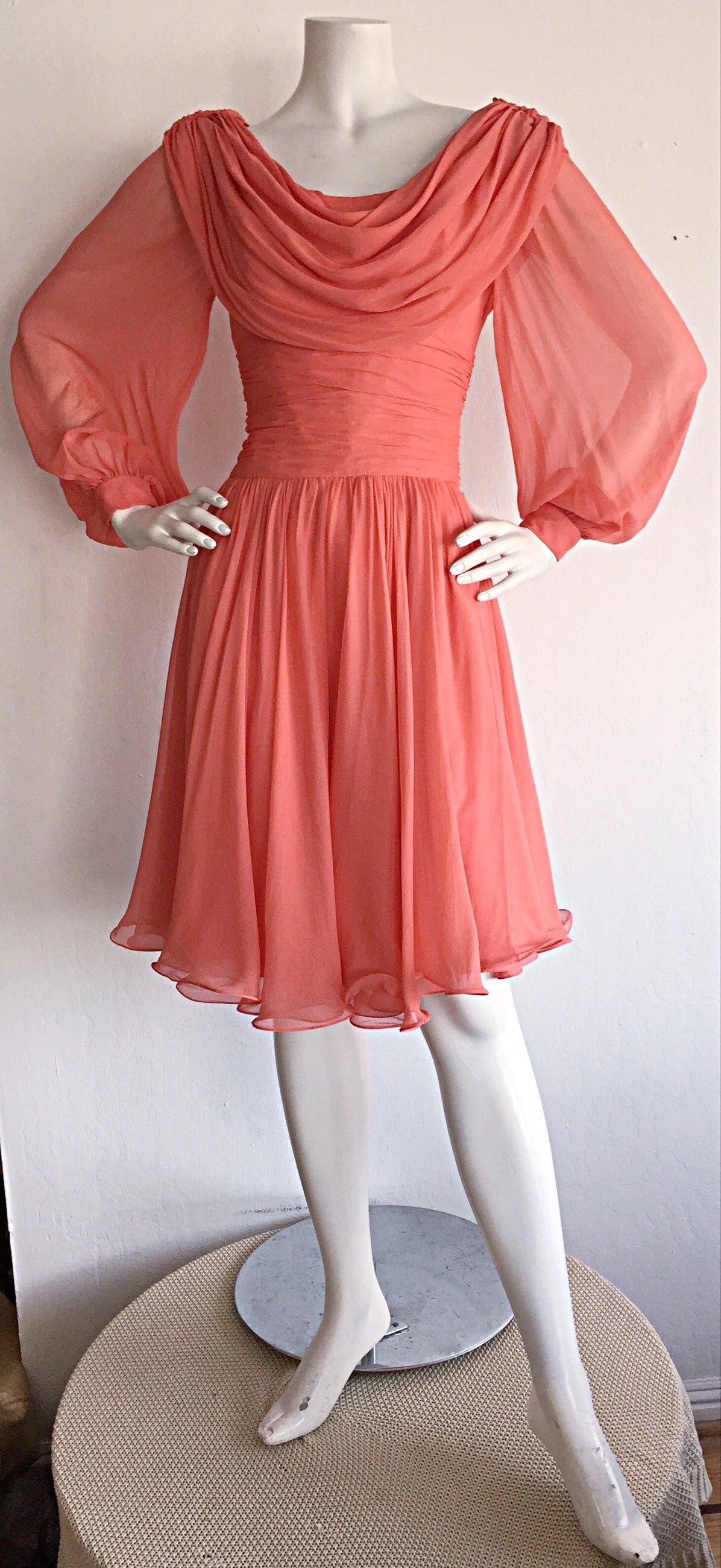 Beautiful 1970s Mignon Pink Coral Grecian Chiffon Dress In Excellent Condition In San Diego, CA