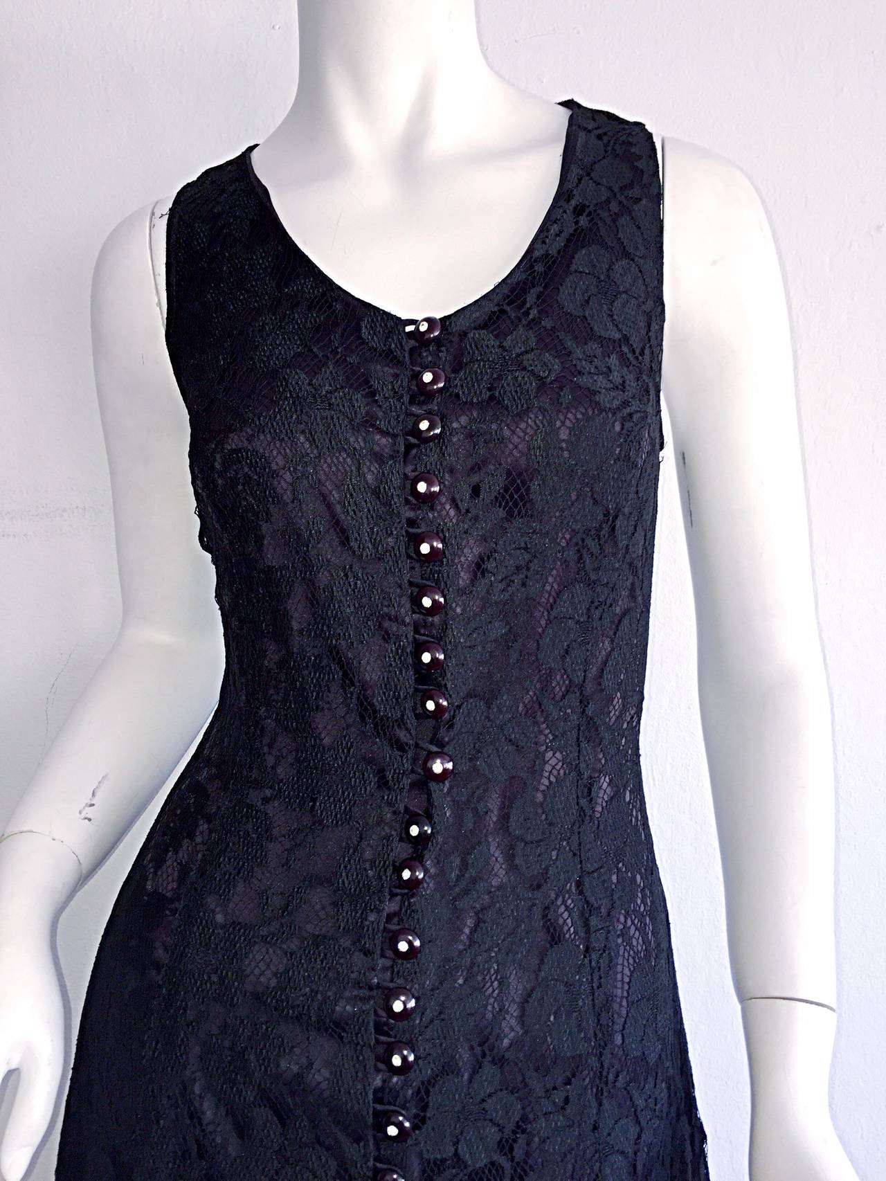 Paco Rabbane 1990s Black Lace Babydoll Dressw/ Rhinestone Buttons In Excellent Condition For Sale In San Diego, CA