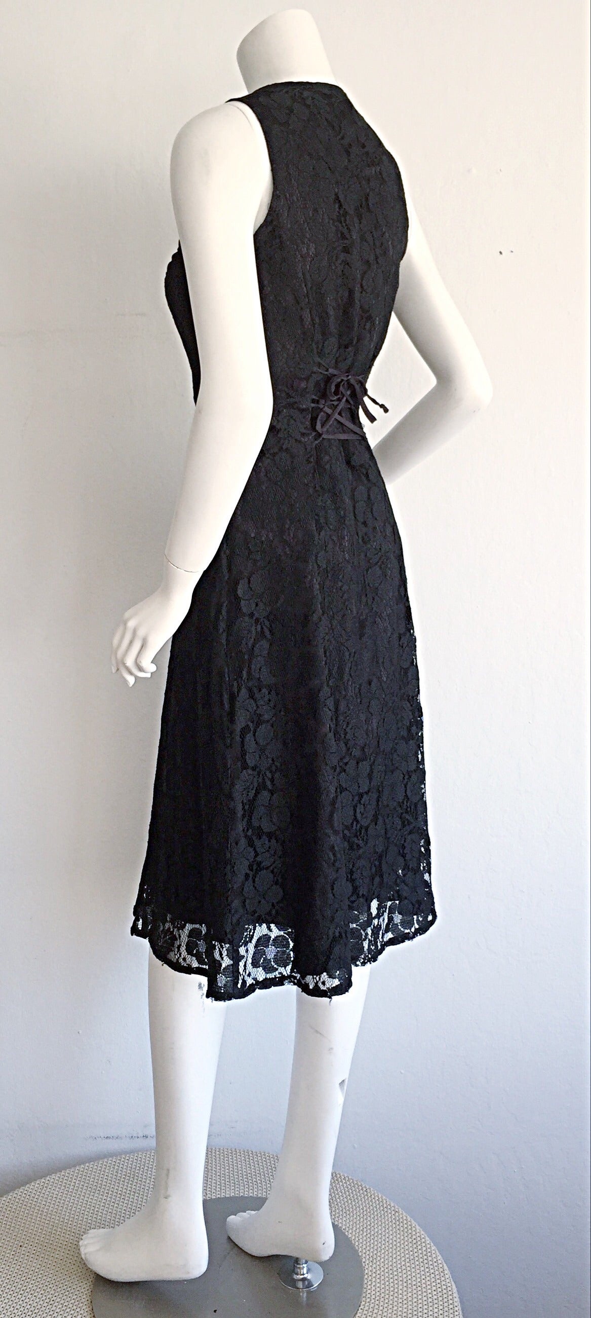 Paco Rabbane 1990s Black Lace Babydoll Dressw/ Rhinestone Buttons For Sale 1