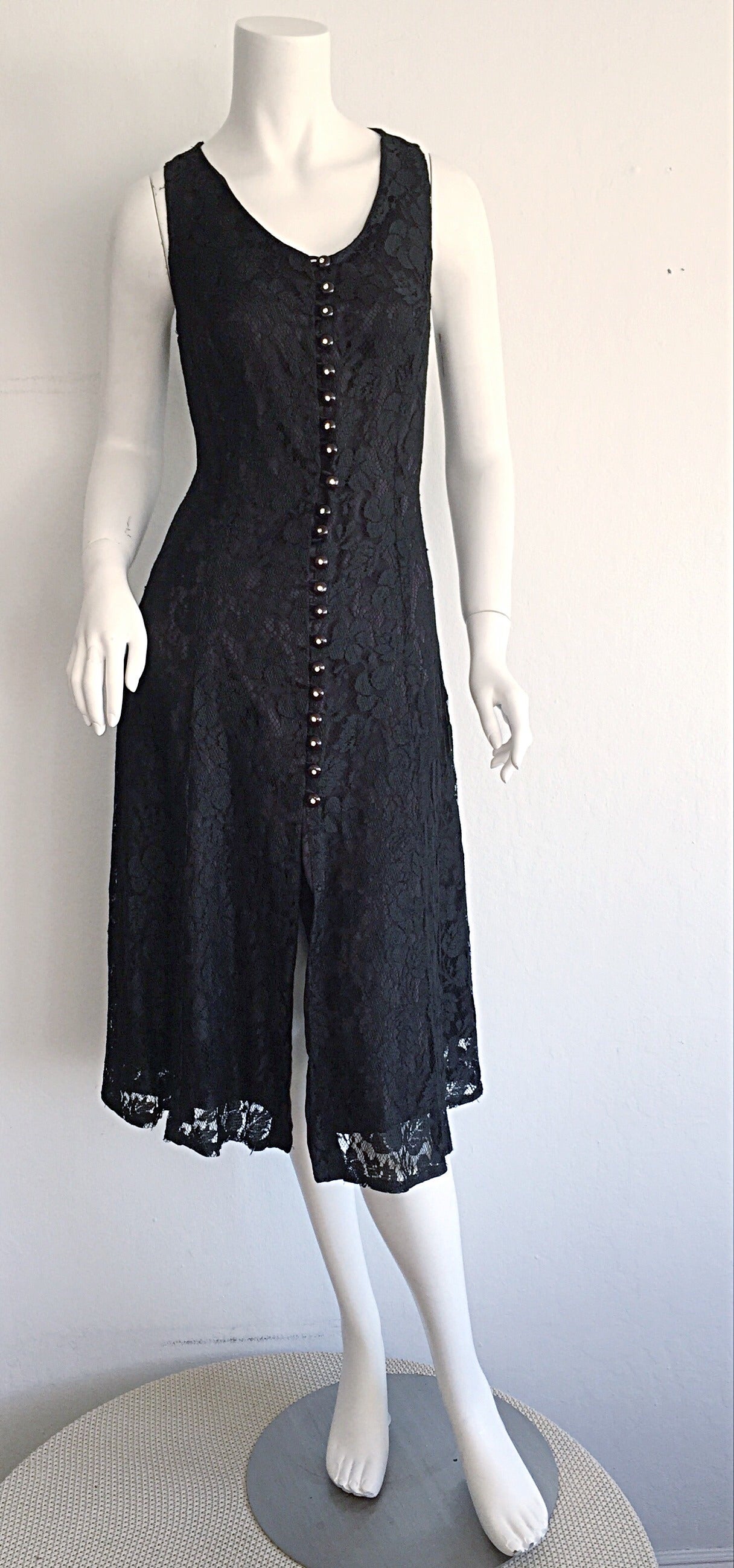 Paco Rabbane 1990s Black Lace Babydoll Dressw/ Rhinestone Buttons For Sale 2