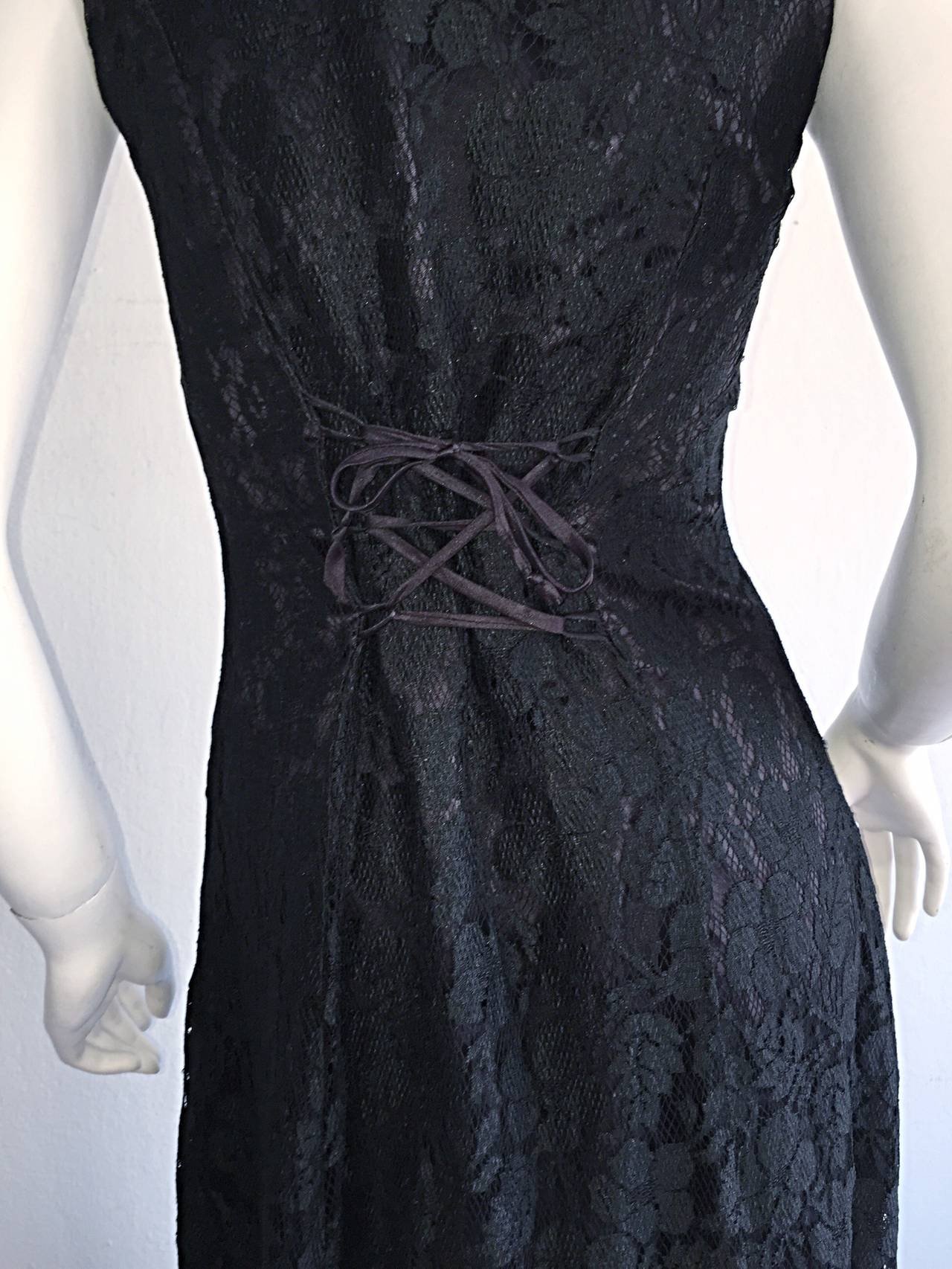 Paco Rabbane 1990s Black Lace Babydoll Dressw/ Rhinestone Buttons For Sale 3
