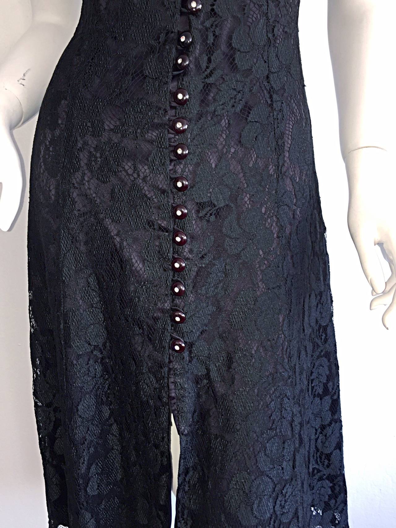 Paco Rabbane 1990s Black Lace Babydoll Dressw/ Rhinestone Buttons For Sale 4
