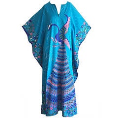 Amazing Vintage Neiman Marcus Peacock Asian Themed Colorful Cotton Caftan