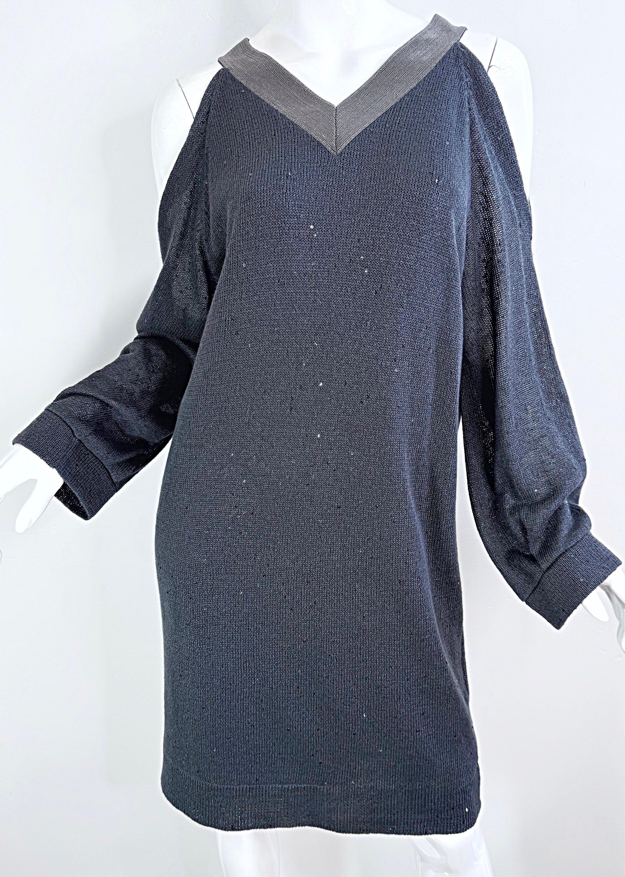 Brunello Cuccinelli Pailletten Leinen Seide Kalte Schulter Tunika Pullover Kleid M im Angebot 1