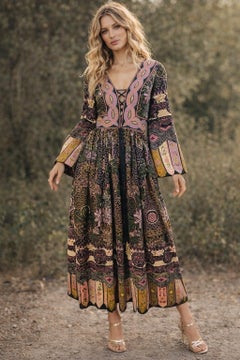 NWT 1970s Jay Morley Fern Violette Bohemian Vintage 70s Maxi Dress Sash Tassels