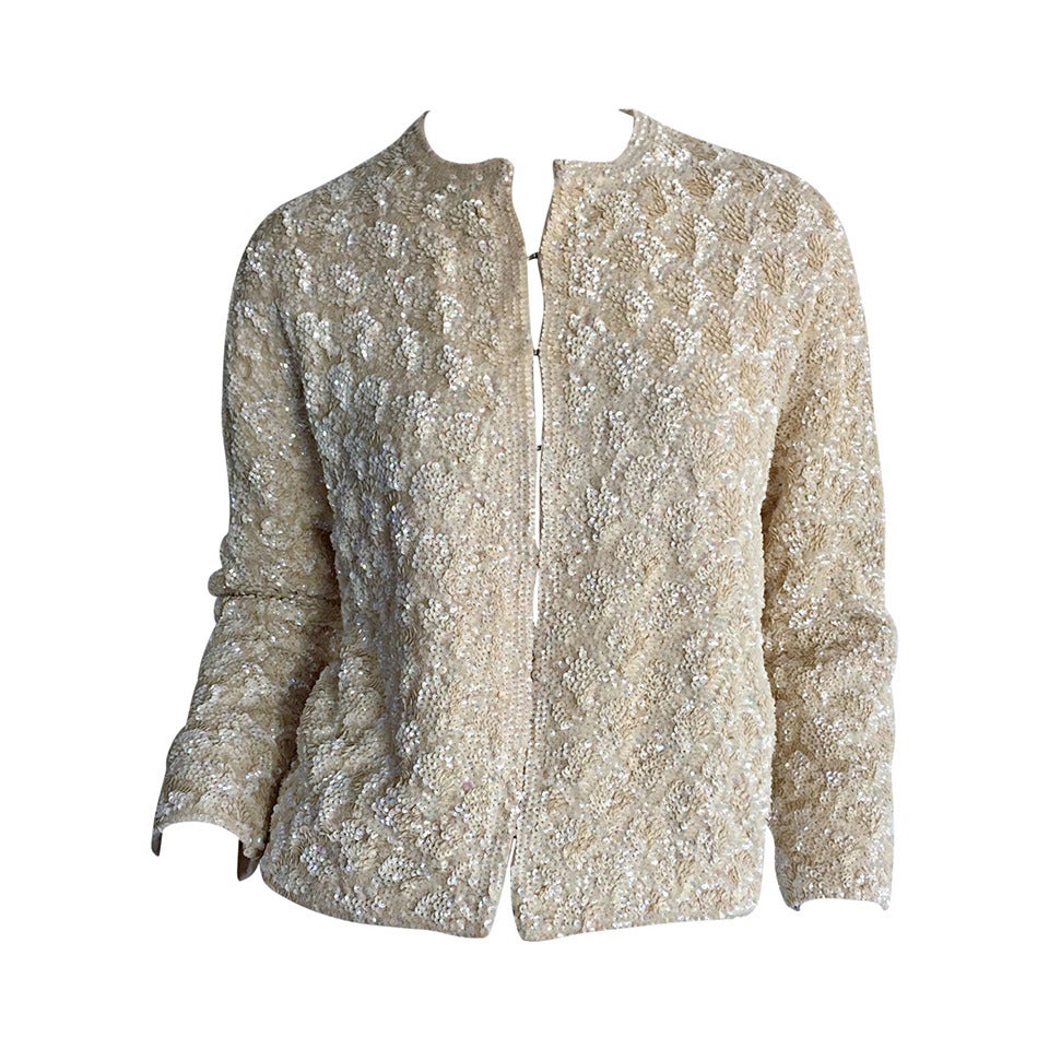 Exquisite 1960s All Over Sequin Iridescent Ivory Wool Vintage Cardigan