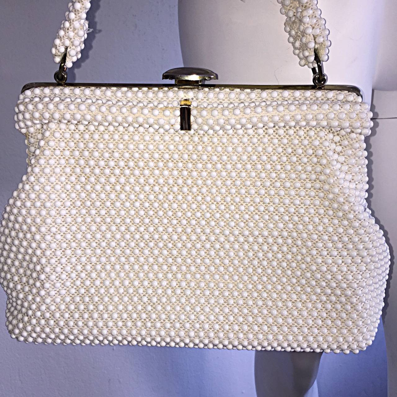 1960s Vintage ' Goosebump ' 60s White Beaded Evening Bag / Purse at 1stDibs