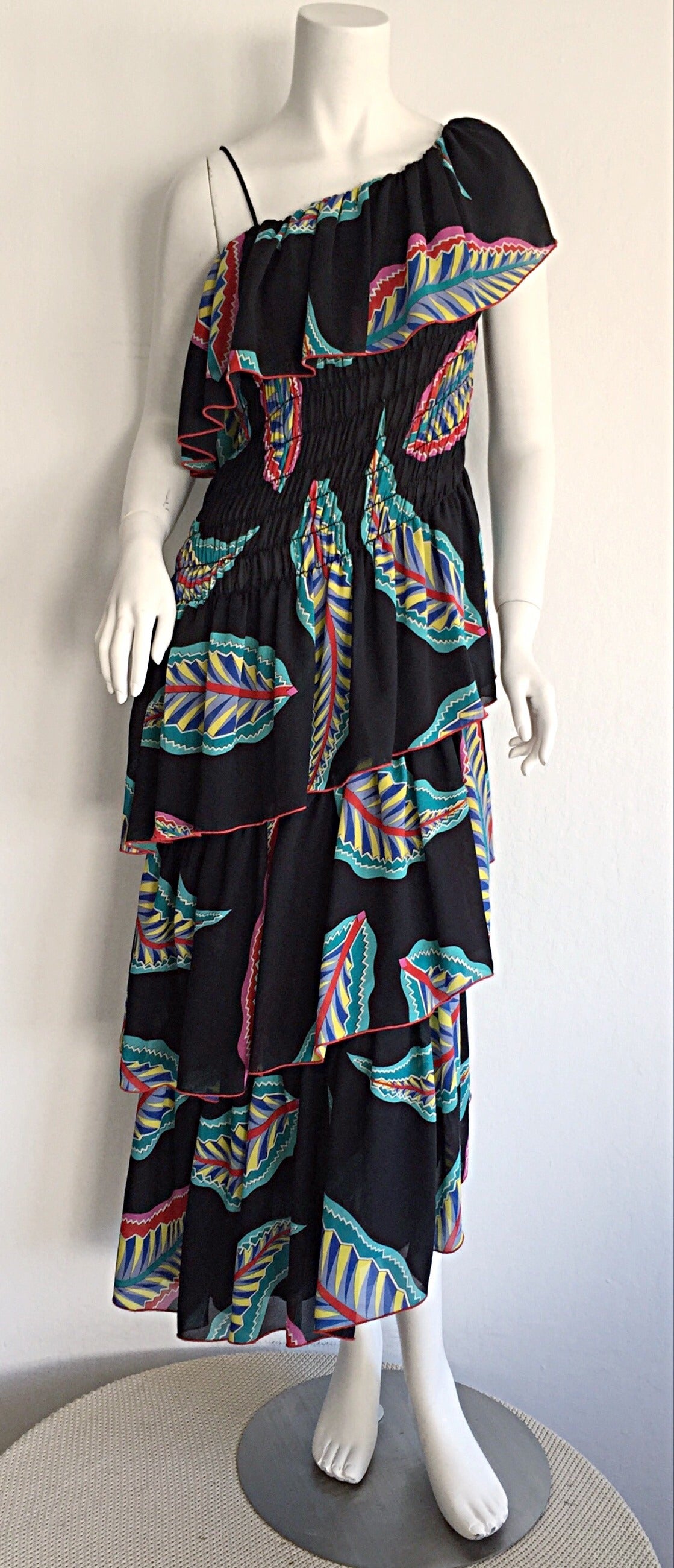 Black Vintage 1970s Lillie Rubin One - Shoulder Feather Tiered Asymmetrical Boho Dress