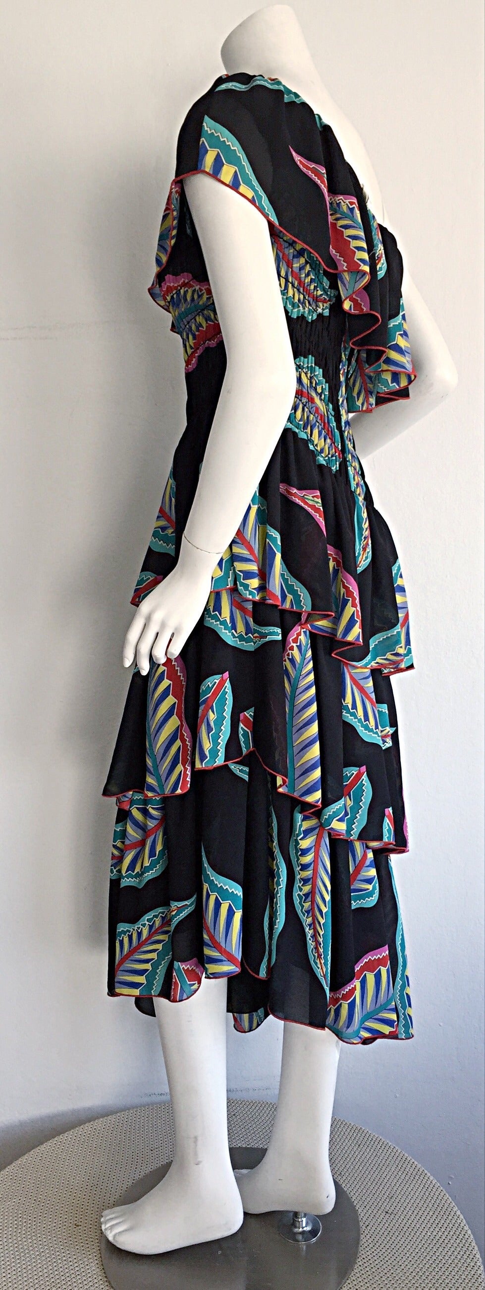 Women's Vintage 1970s Lillie Rubin One - Shoulder Feather Tiered Asymmetrical Boho Dress