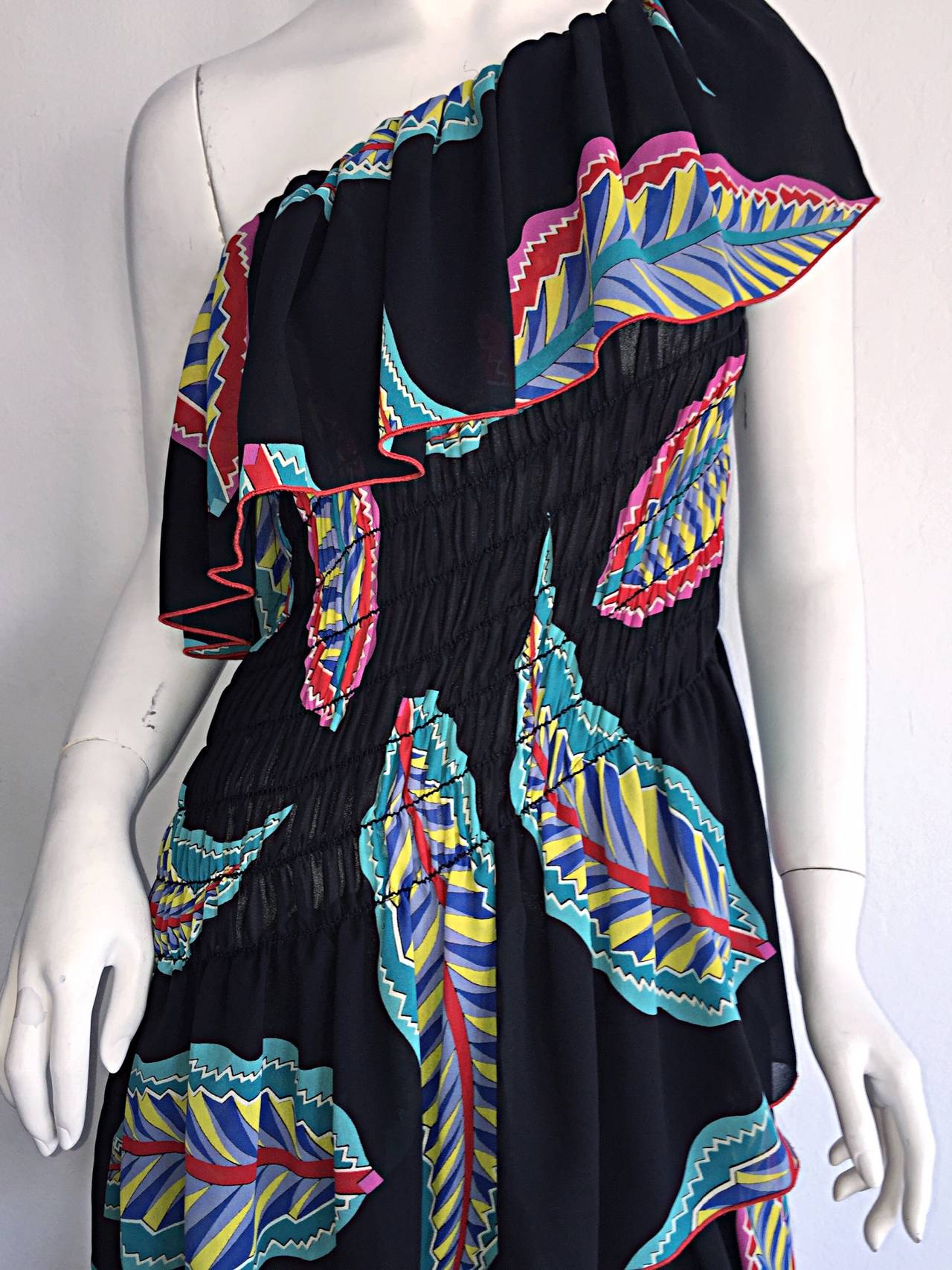 Vintage 1970s Lillie Rubin One - Shoulder Feather Tiered Asymmetrical Boho Dress 1