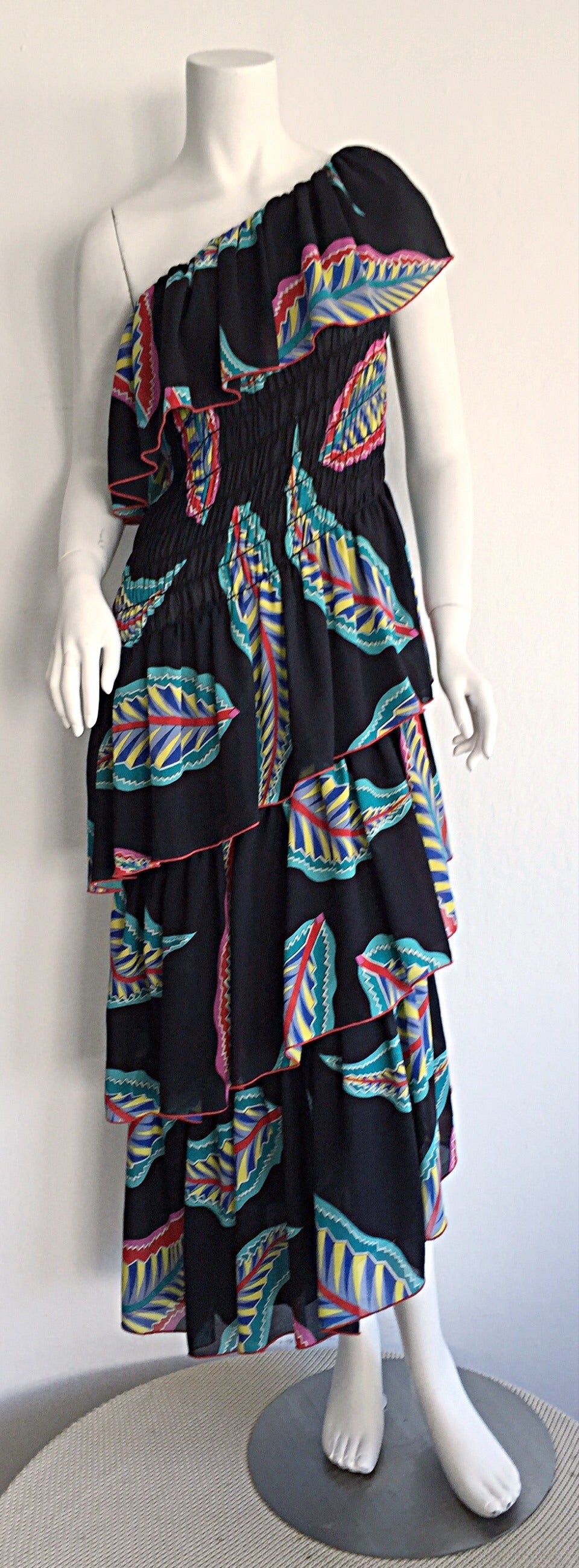 Vintage 1970s Lillie Rubin One - Shoulder Feather Tiered Asymmetrical Boho Dress 2
