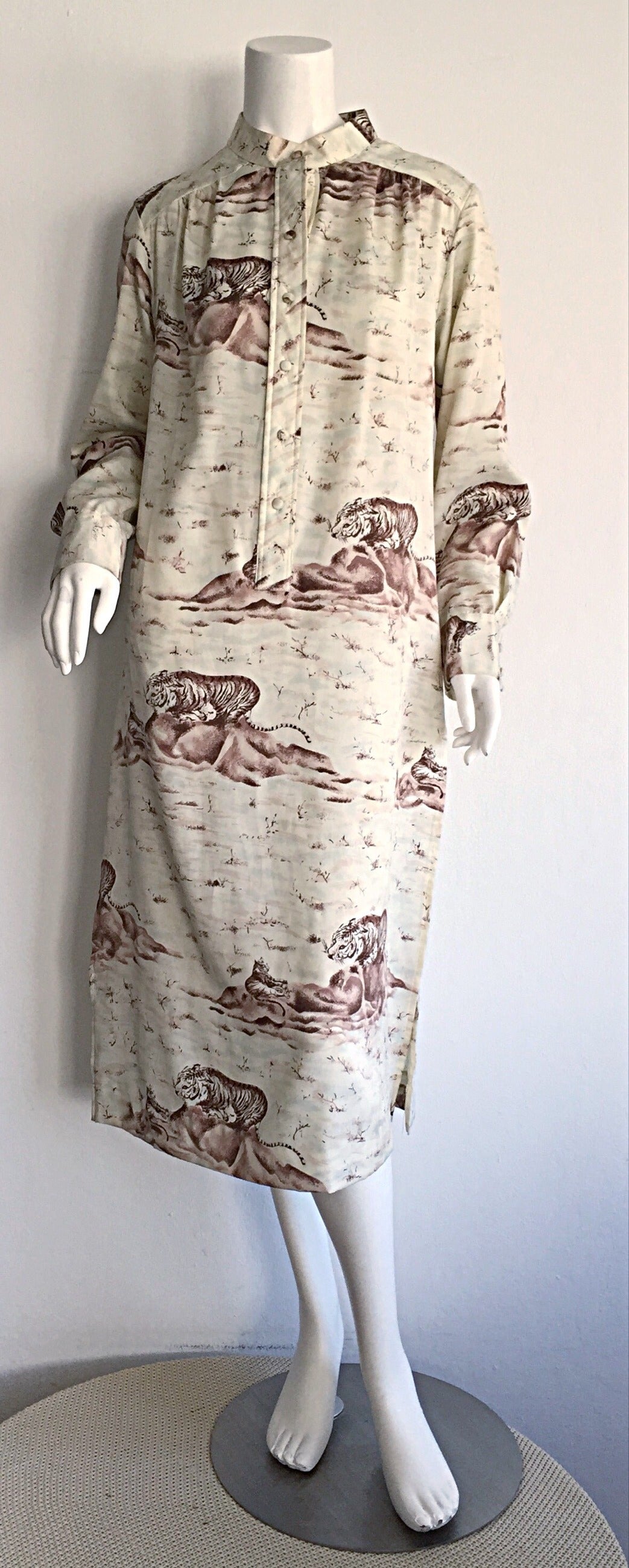 Beige Rare Vintage Jeanne Lanvin Asian / Chinese Themed Tiger Print Tunic Dress